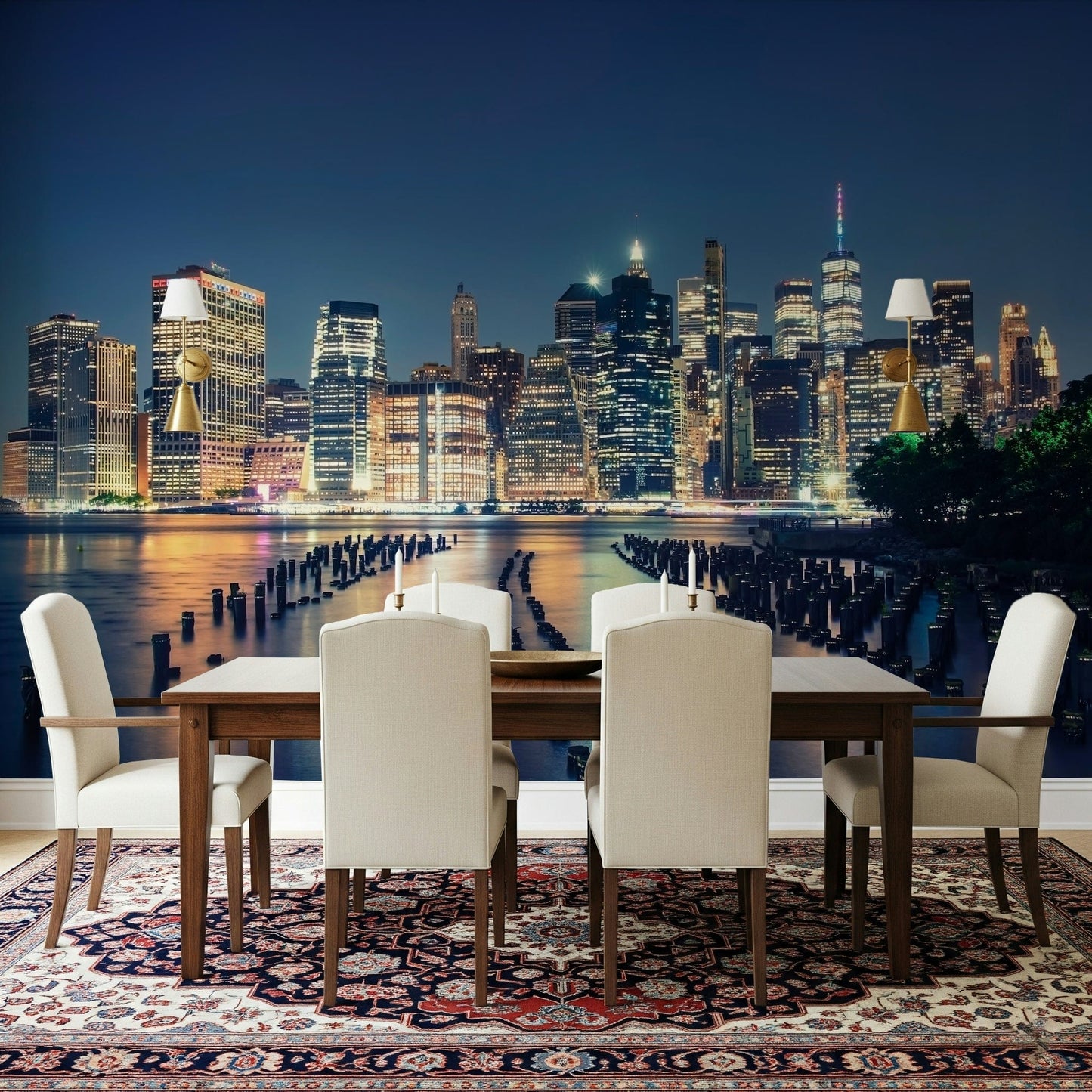 Pier One wallpaper behind gray sectional, calm ocean view for apartment living room