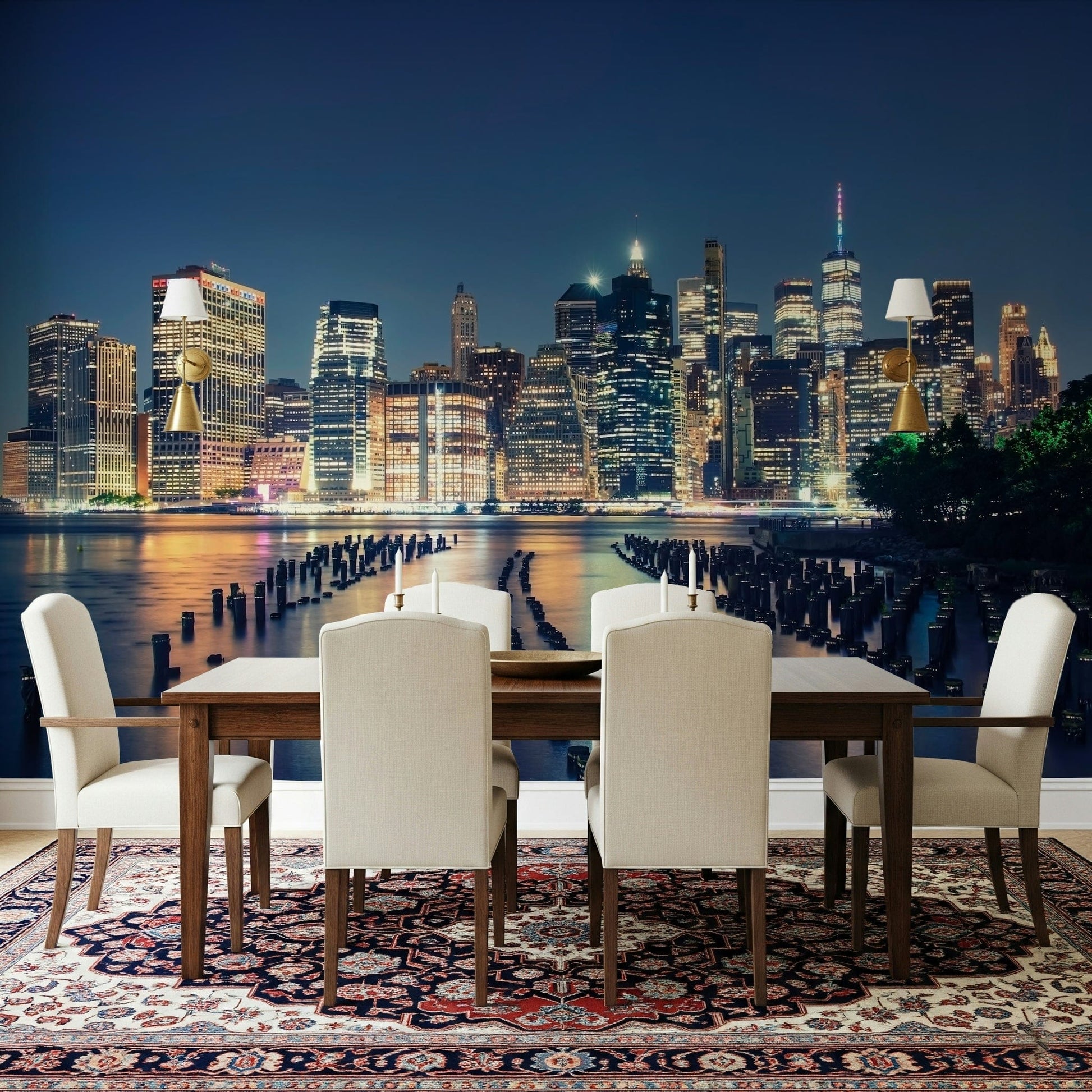 Pier One wallpaper behind gray sectional, calm ocean view for apartment living room