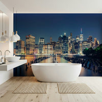 Wooden pier wall mural for dining area, simple seaside wall decor style