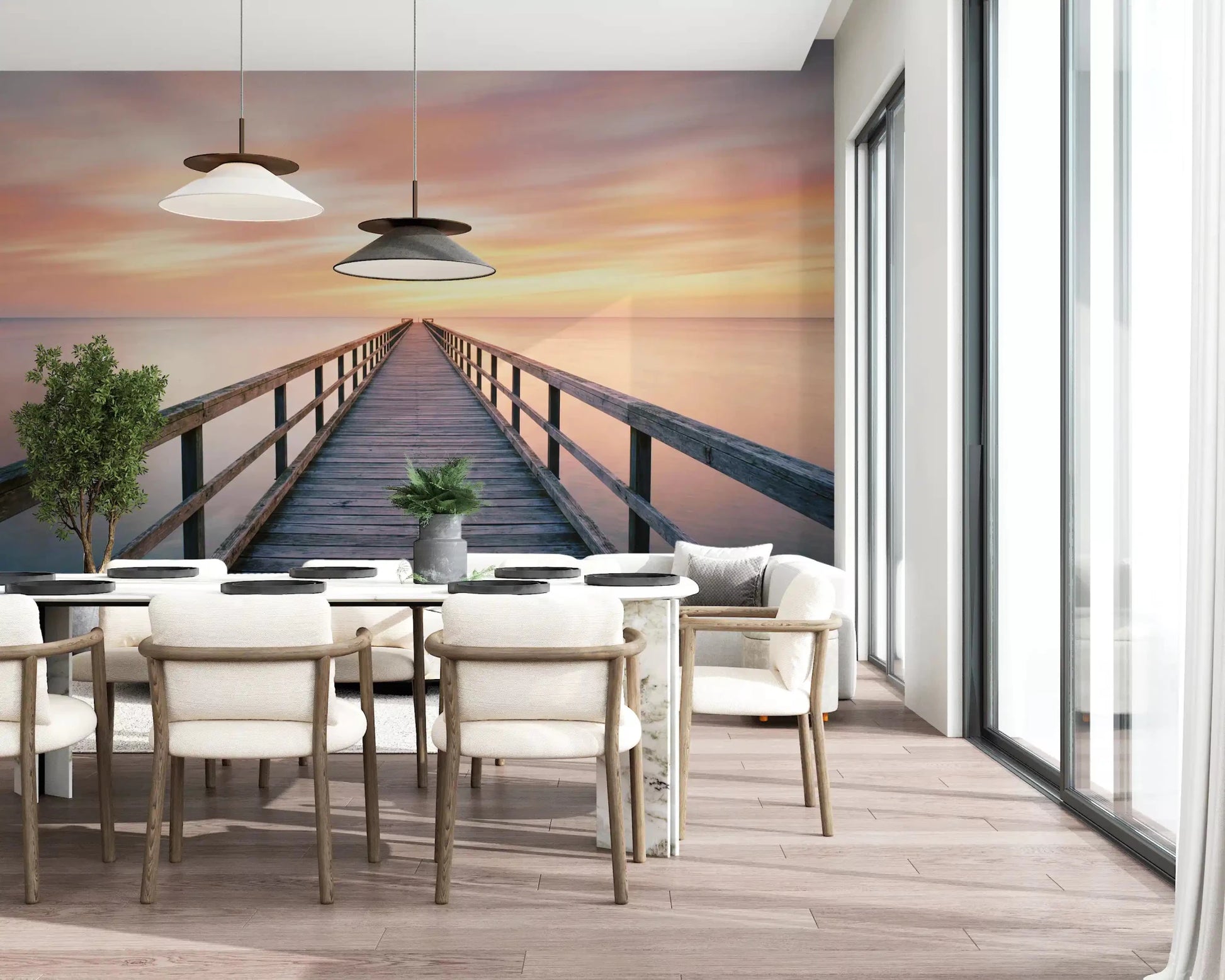 Coastal pier scene wallpaper with soft blue tones for dining room accent wall decor.
