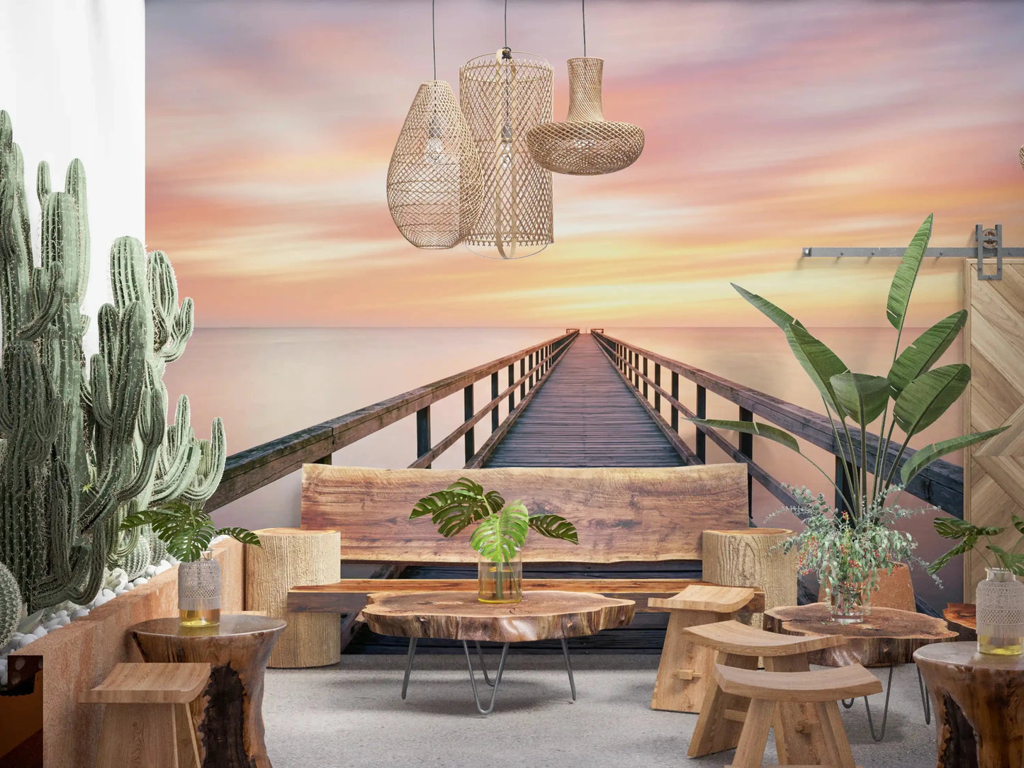 Relaxing seaside pier to dream wallpaper with neutral color palette for cafe.
