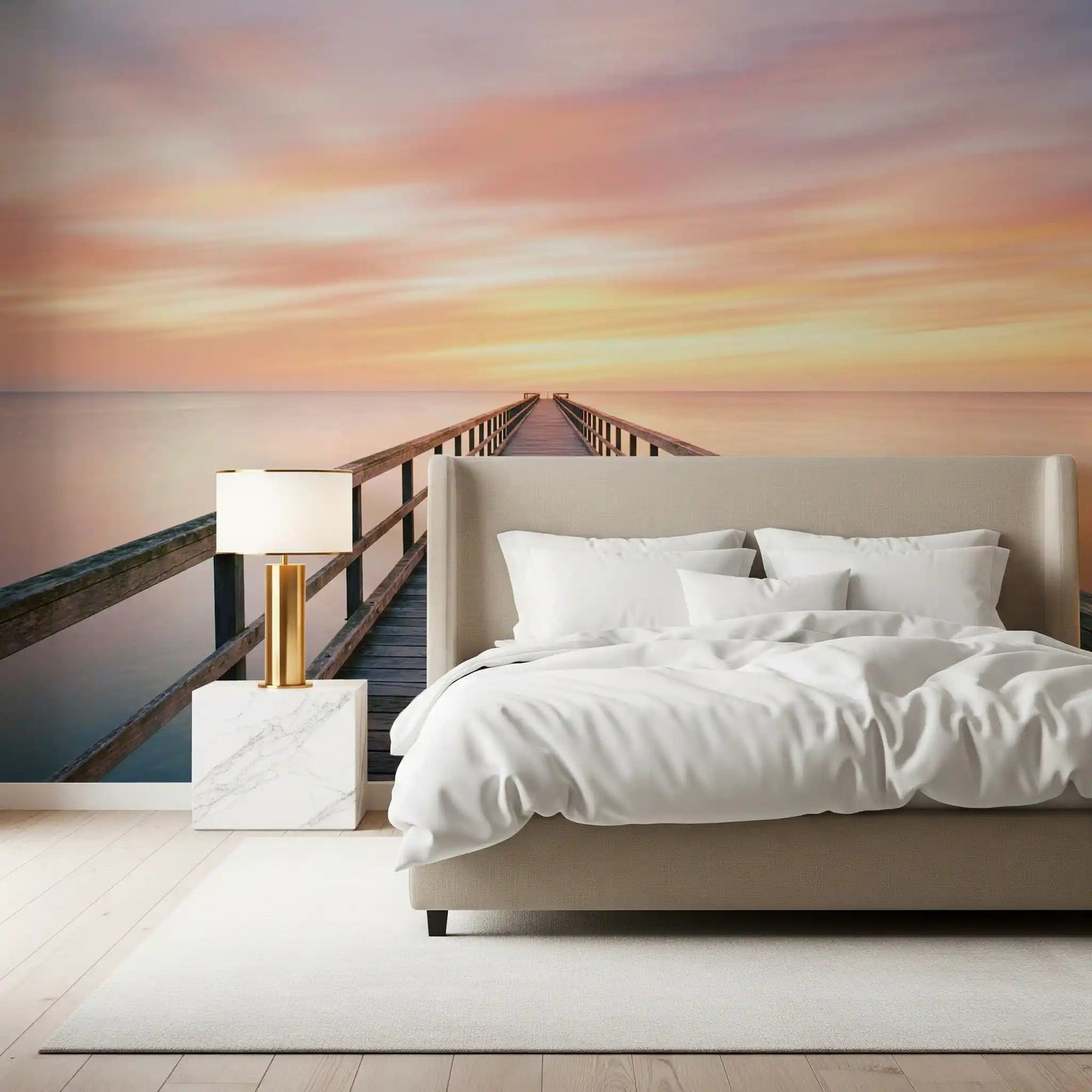 Peaceful pier scenic wallpaper print for Bedroom wall decor aesthetics.
