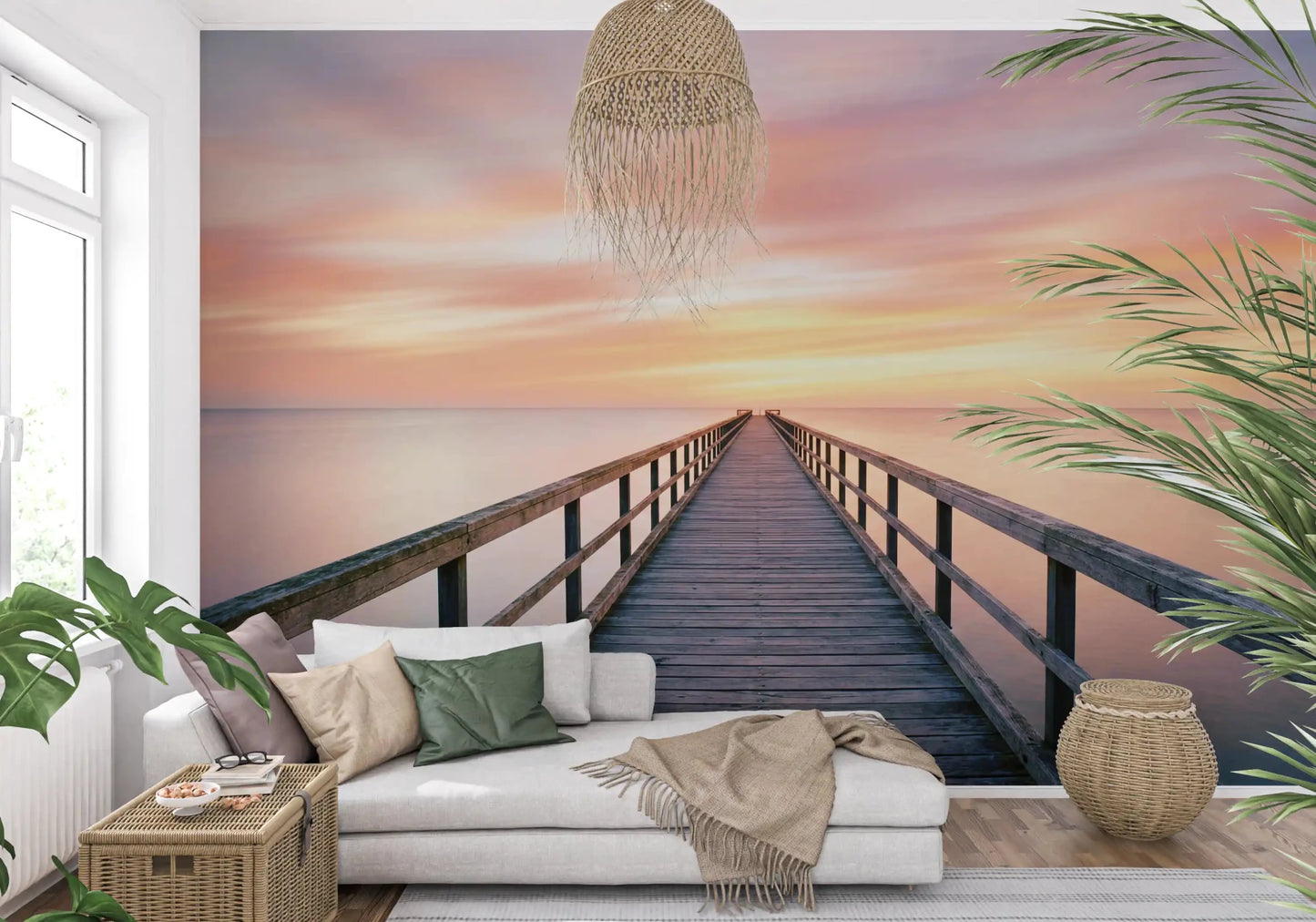 Scenic pier to dreams wall mural styled in a minimalist home office space.
