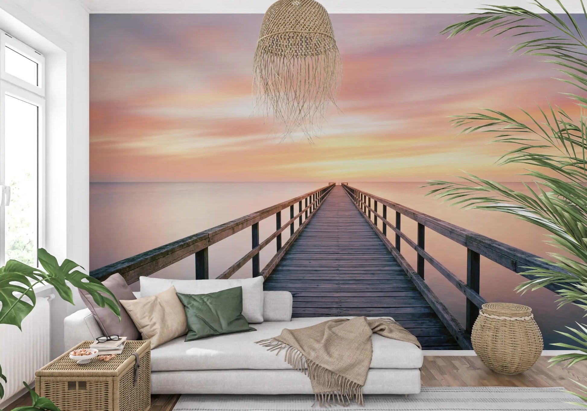 Scenic pier to dreams wall mural styled in a minimalist home office space.
