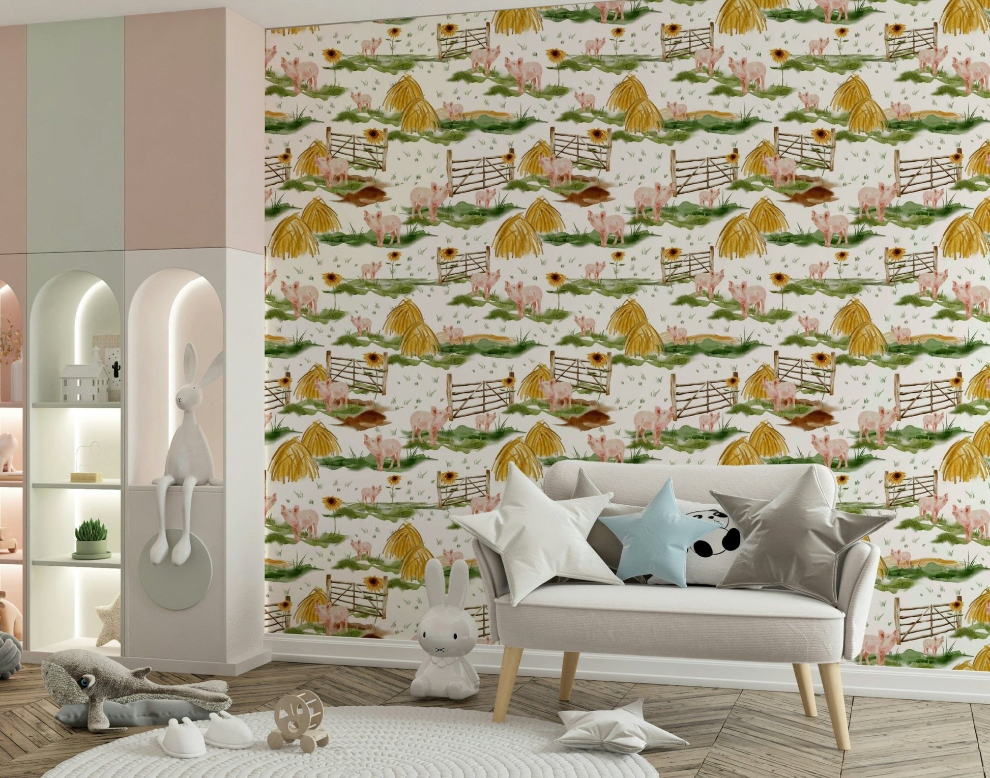 Artistic Piggy Farm Watercolor mural with natural earth tones.