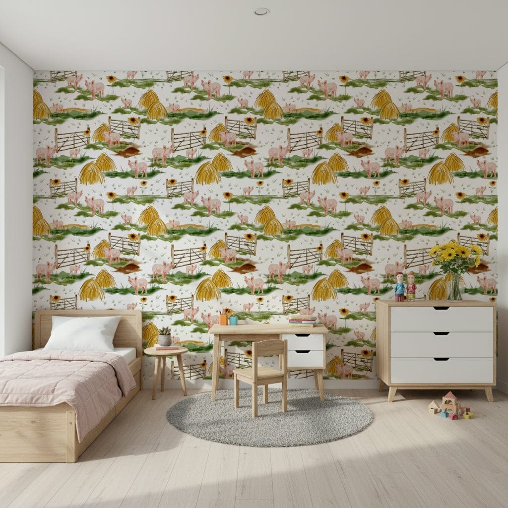 Delightful Piggy Farm Watercolor peel and stick wallpaper project idea.