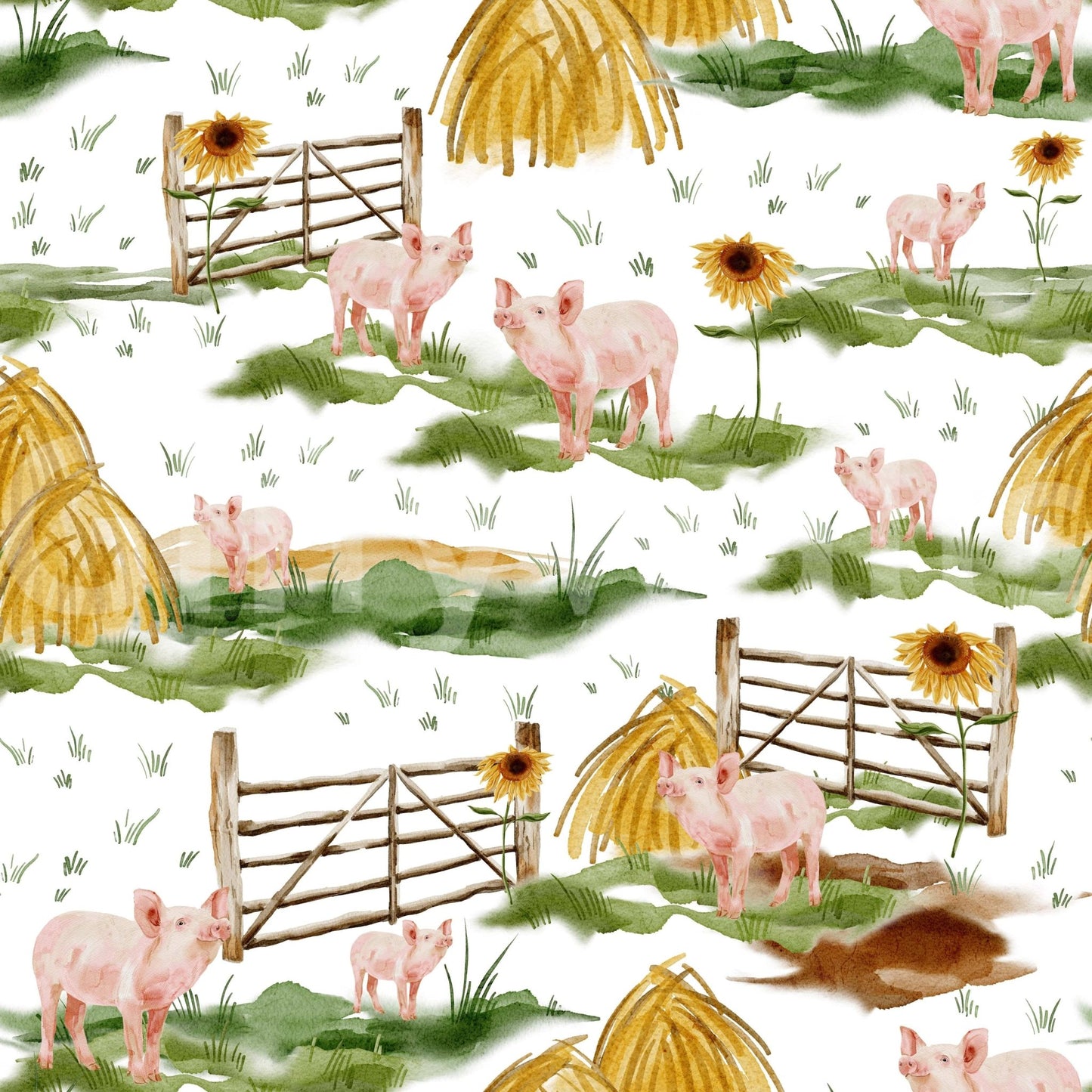 Pastel pink Piggy Farm Watercolor wall decor illustration aesthetic.