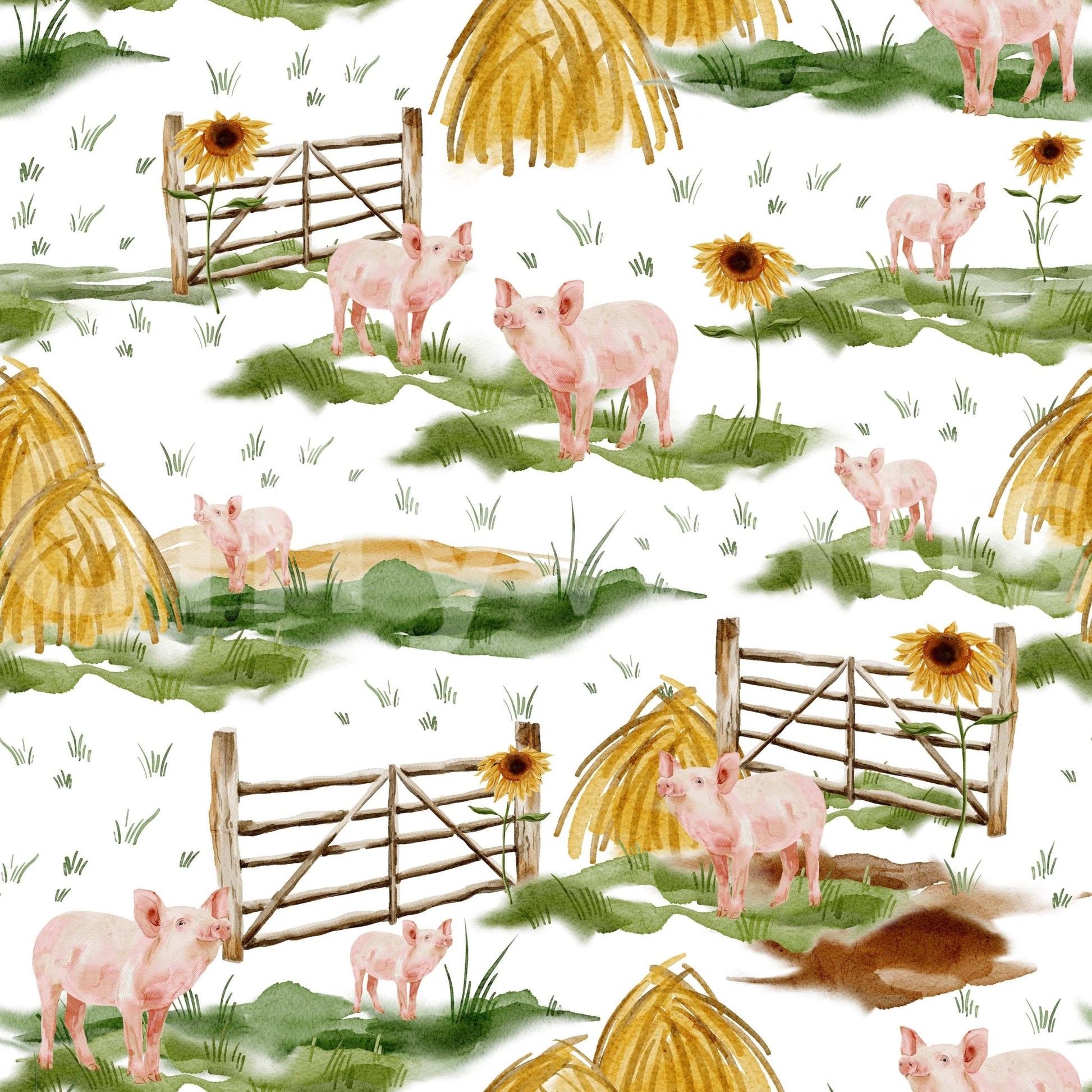 Pastel pink Piggy Farm Watercolor wall decor illustration aesthetic.