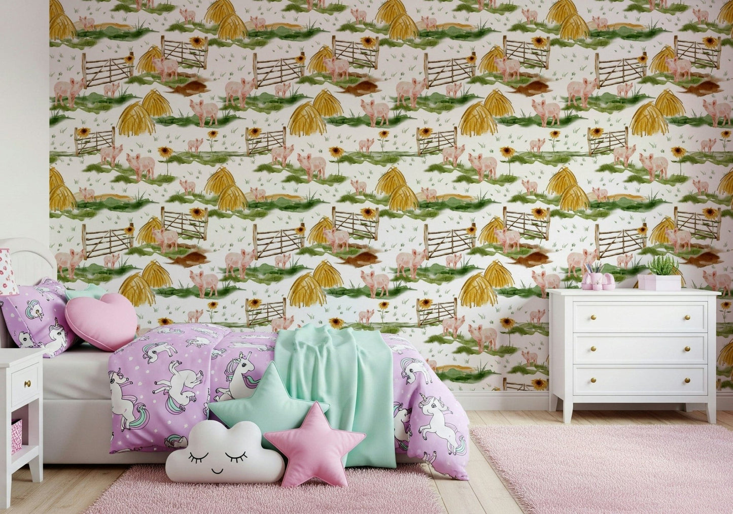 Sunny Piggy Farm Watercolor wall covering pattern unique artwork.