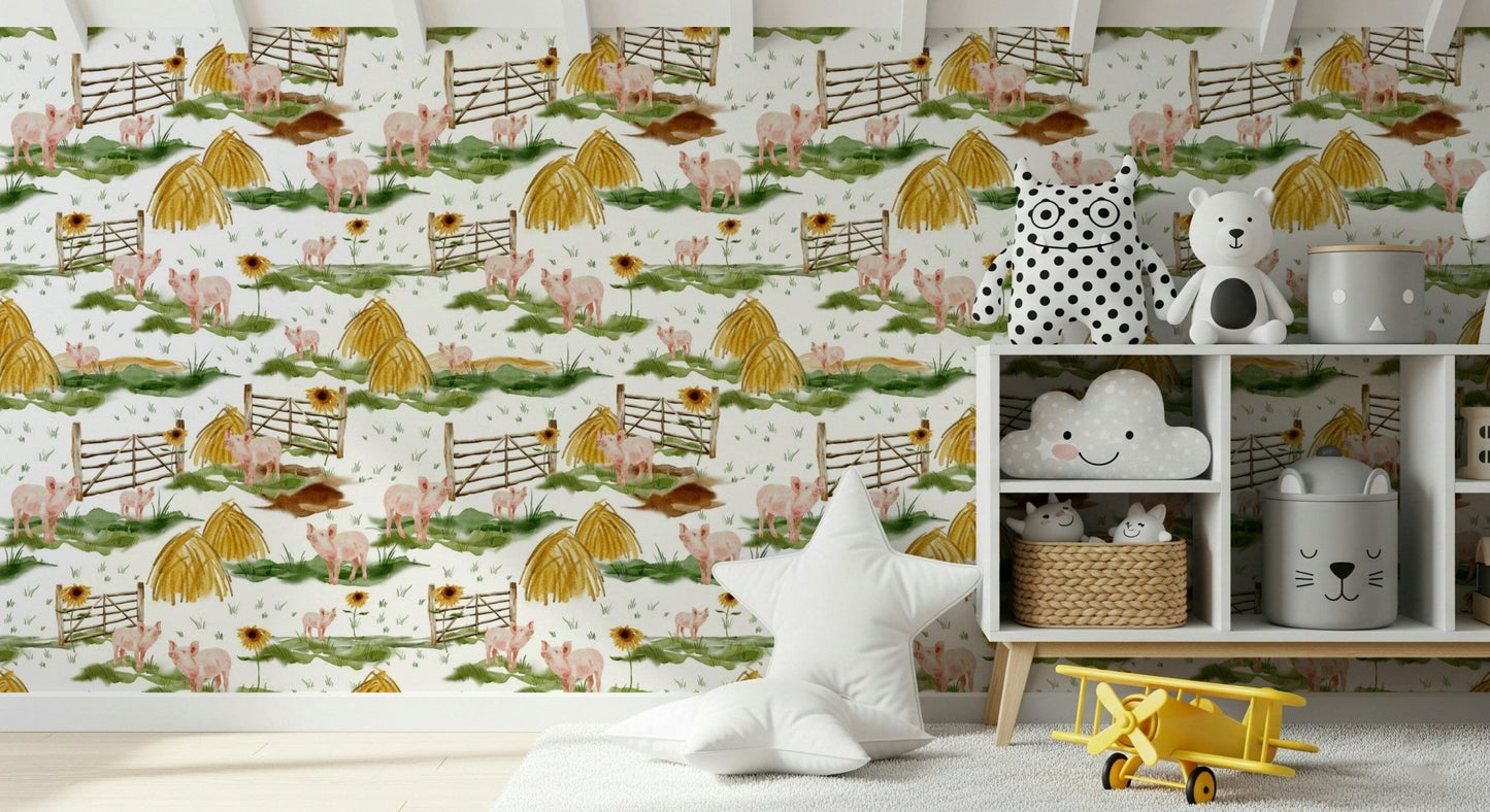 Hand-painted look Piggy Farm Watercolor mural happy barnyard scene.