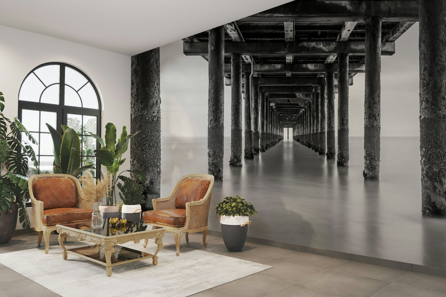 A distant light or opening is visible at the end of the pier's perspective.
