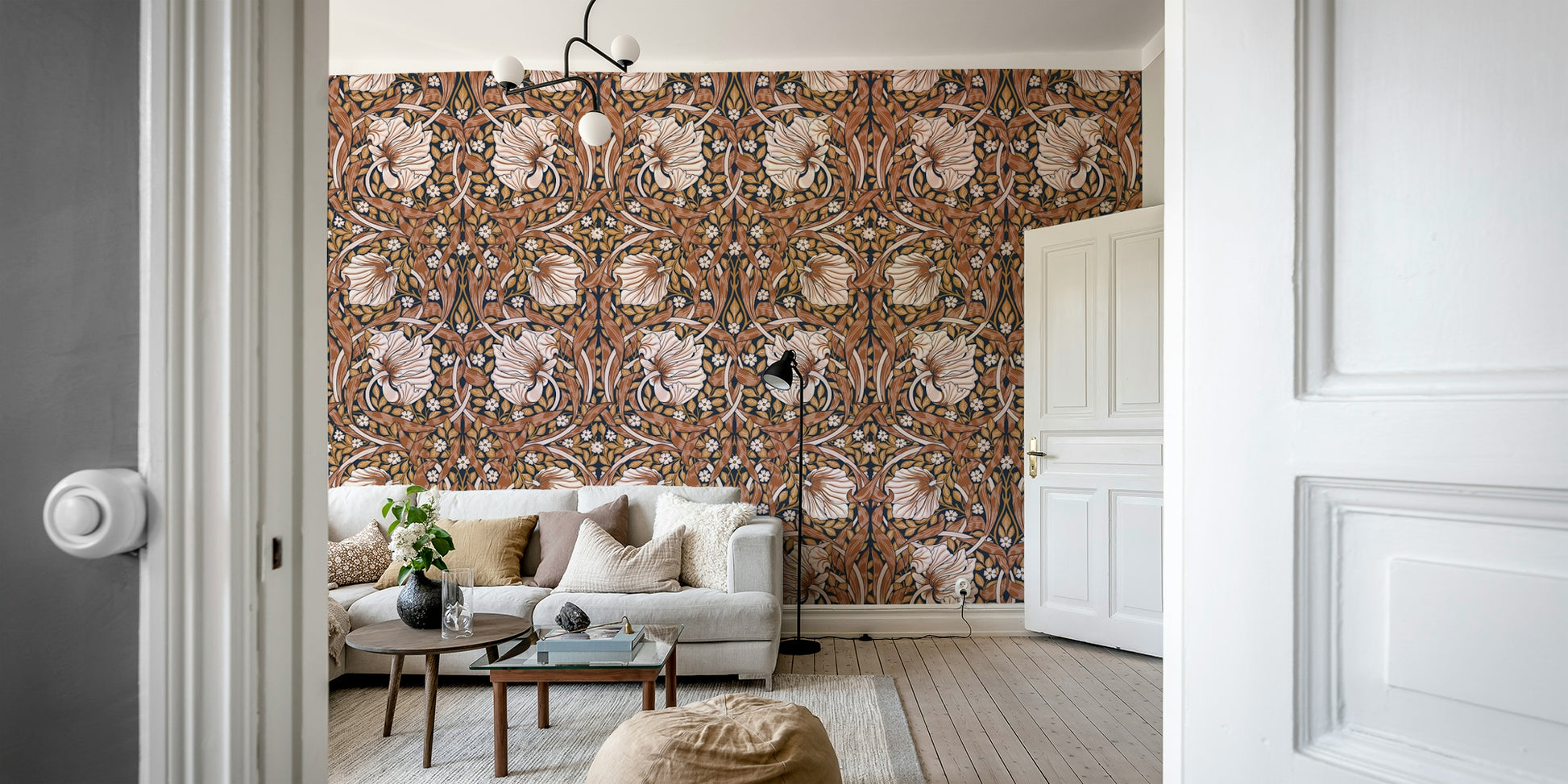 Peel and stick vintage wallpaper with pimpernel flowers

