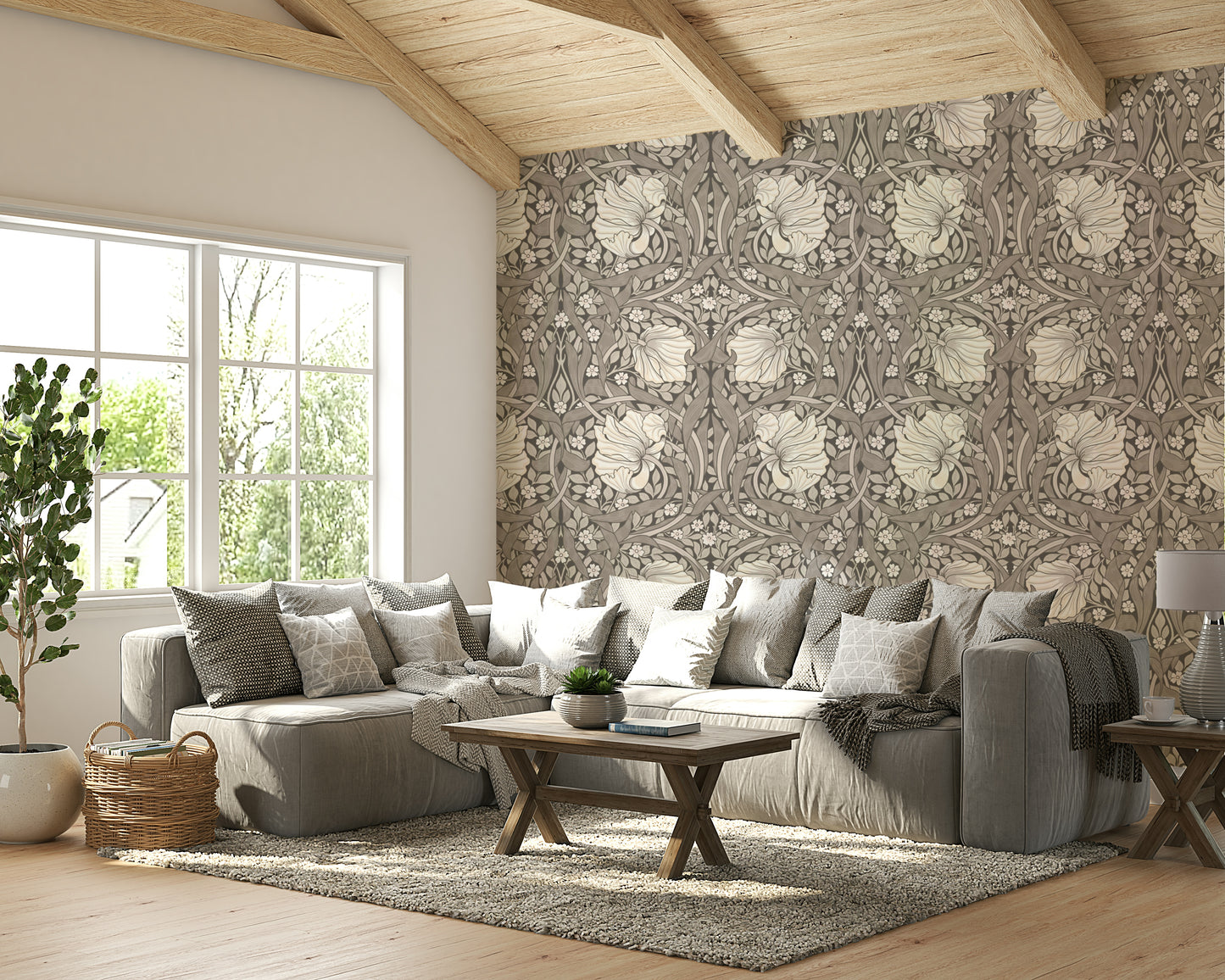 Peel and stick vintage wallpaper with lush greenery

