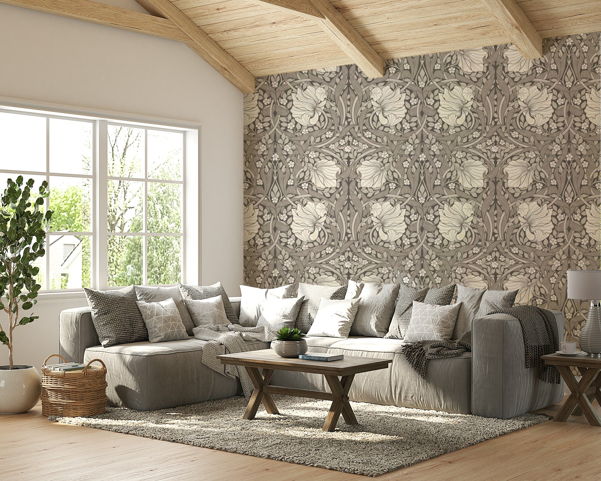 Peel and stick vintage wallpaper with lush greenery

