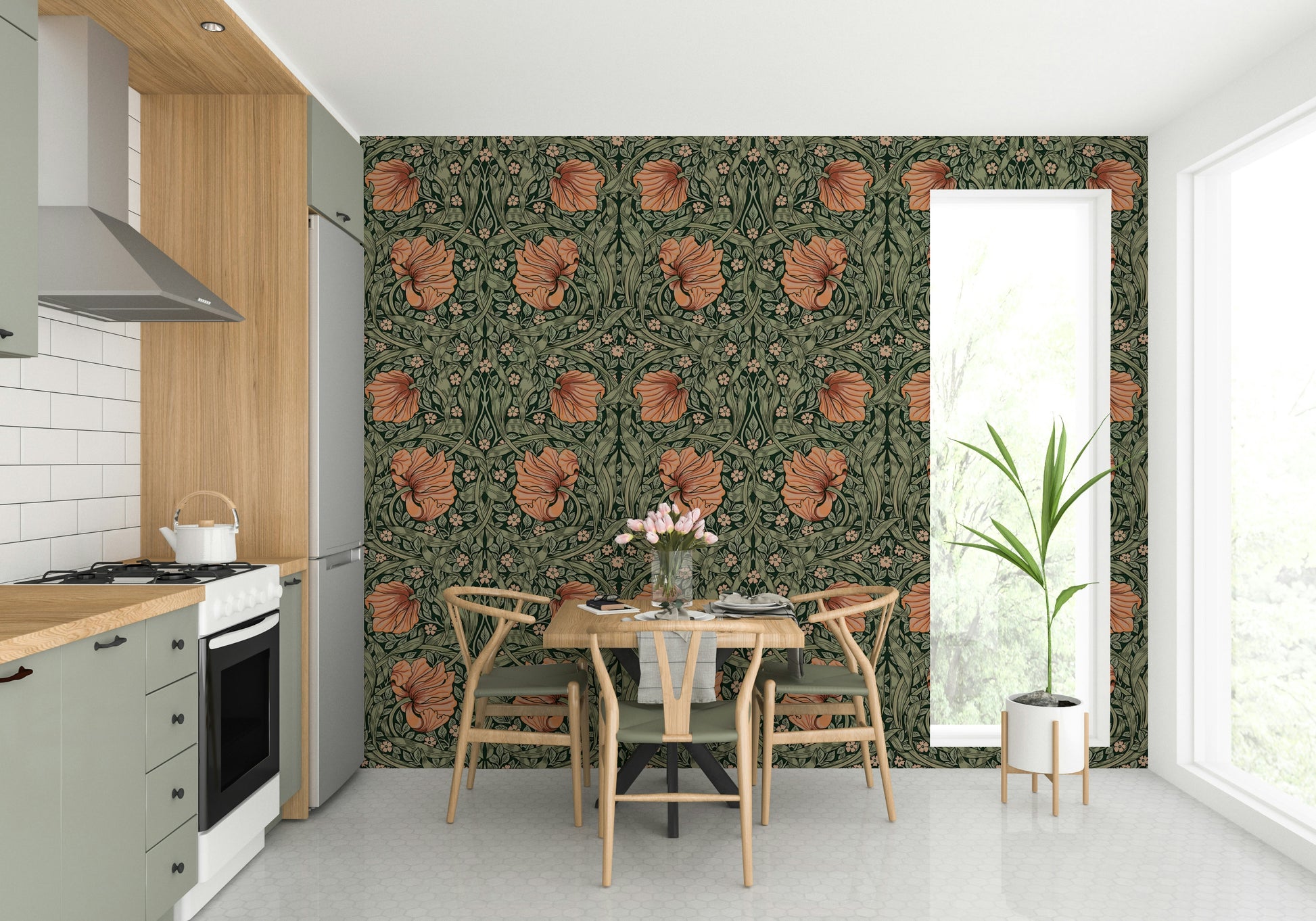 Soft floral wallpaper with pimpernel flowers and greenery

