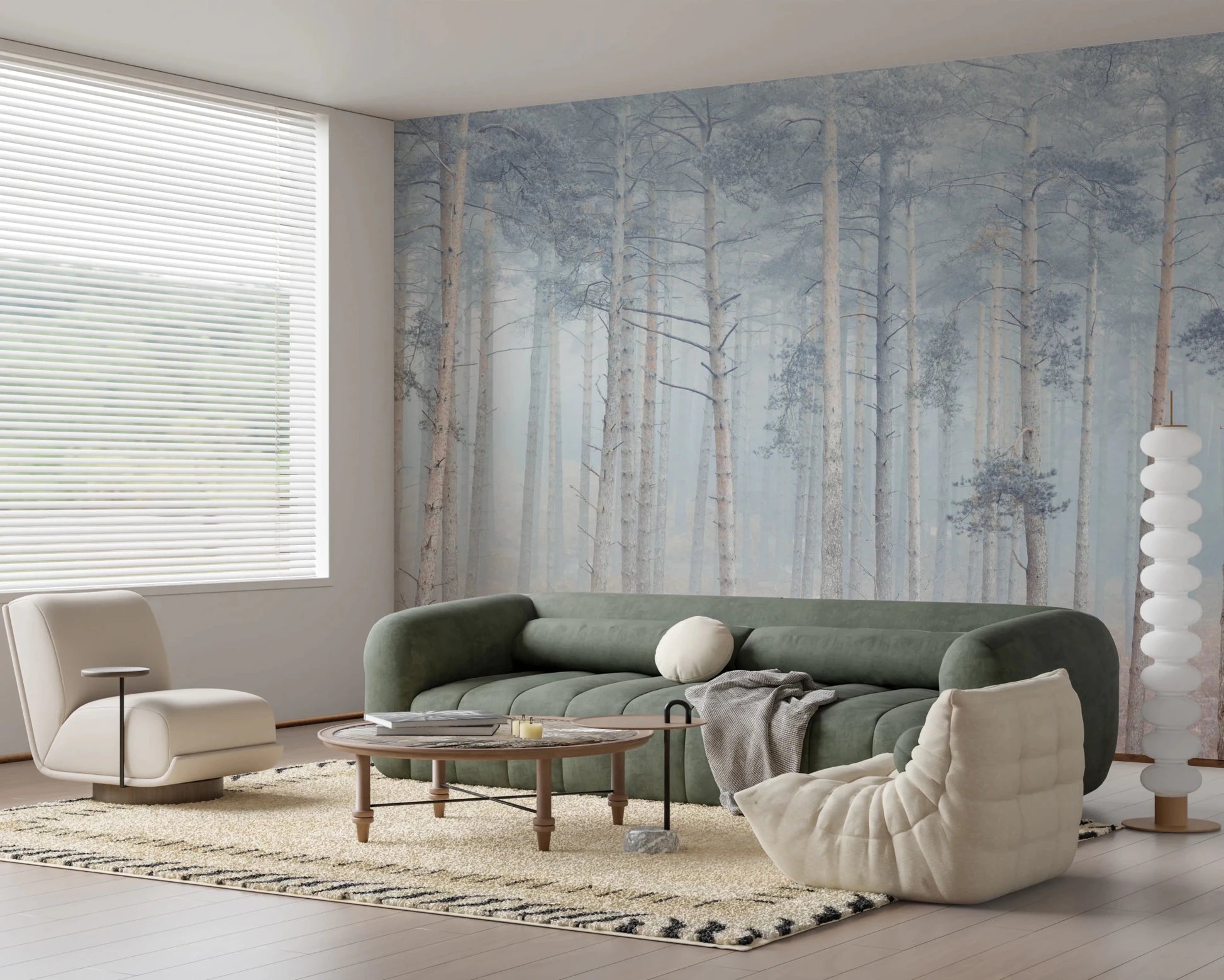 Gray and beige colors in this Pine Forest Serenity Wall Mural landscape.