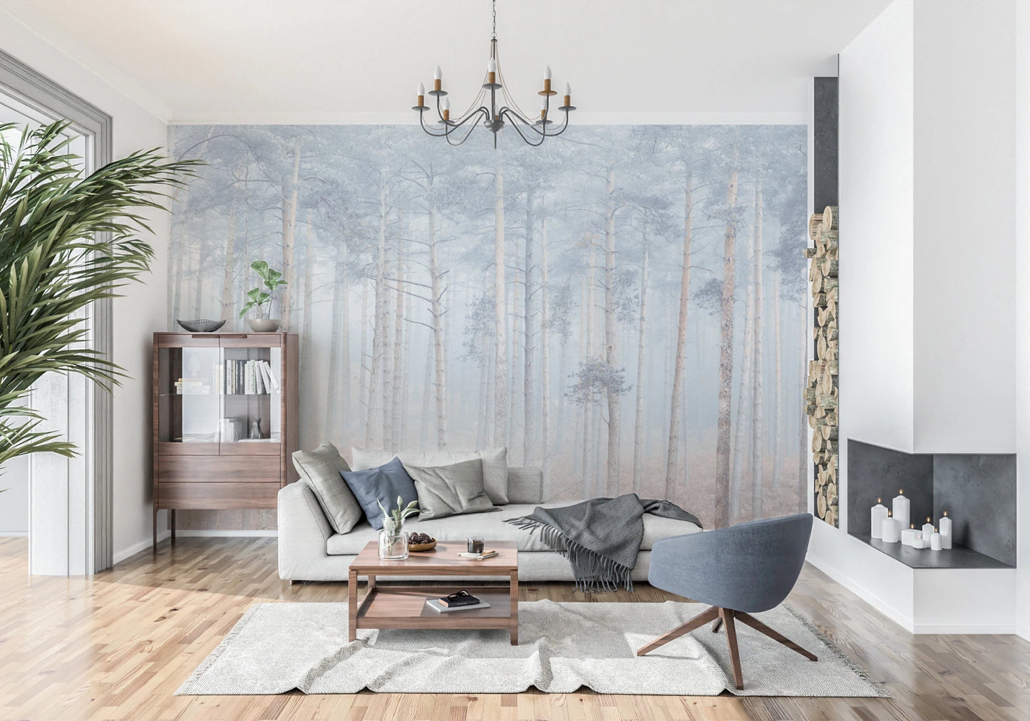 Minimalist Pine Forest Serenity Wall Mural with gray fog and thin trees.