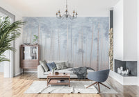 Minimalist Pine Forest Serenity Wall Mural with gray fog and thin trees.