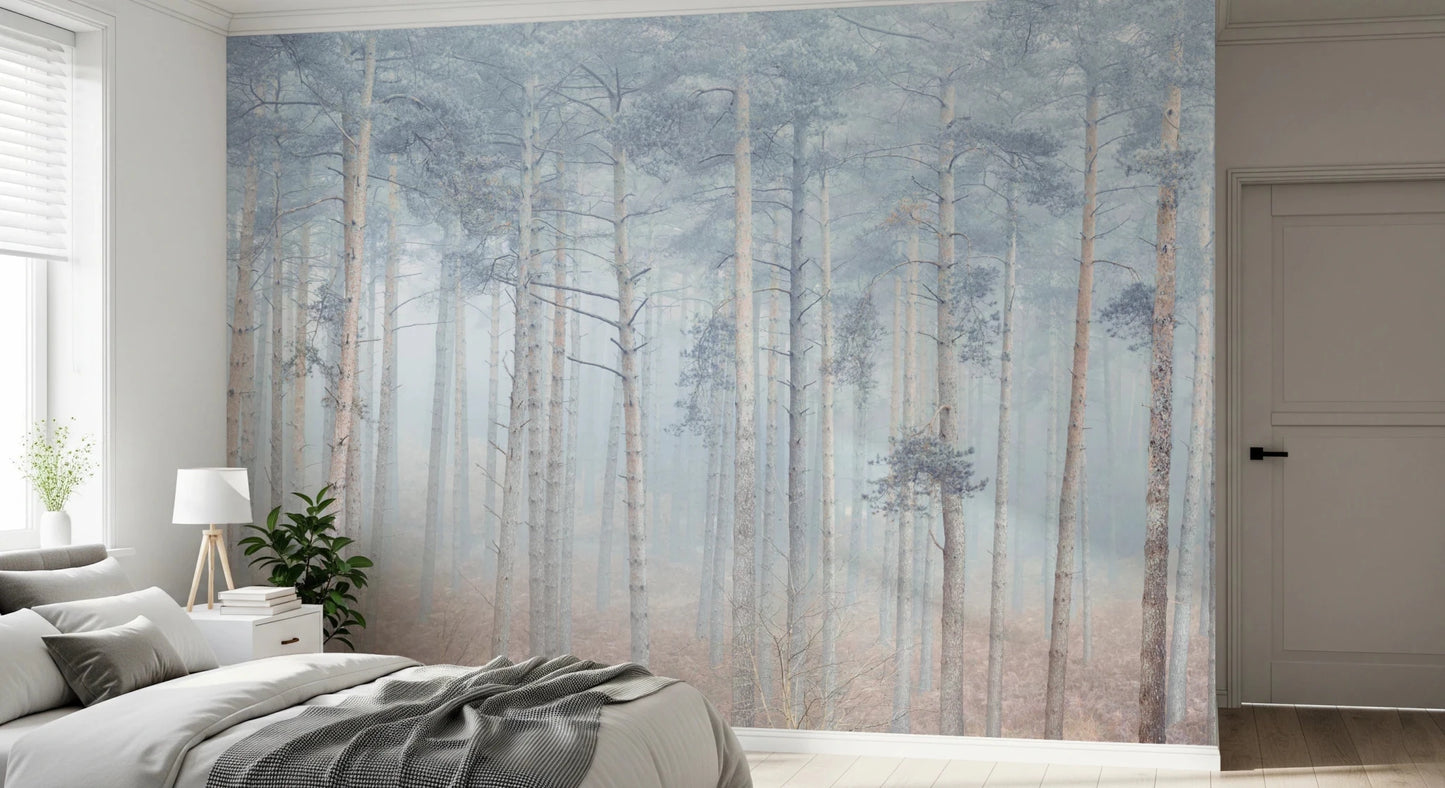 Nature-inspired Pine Forest Serenity Wall Mural with a calm woodland view.