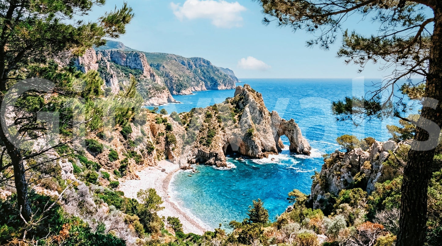 Nature-inspired wall mural with pine-framed coast and vivid turquoise shoreline