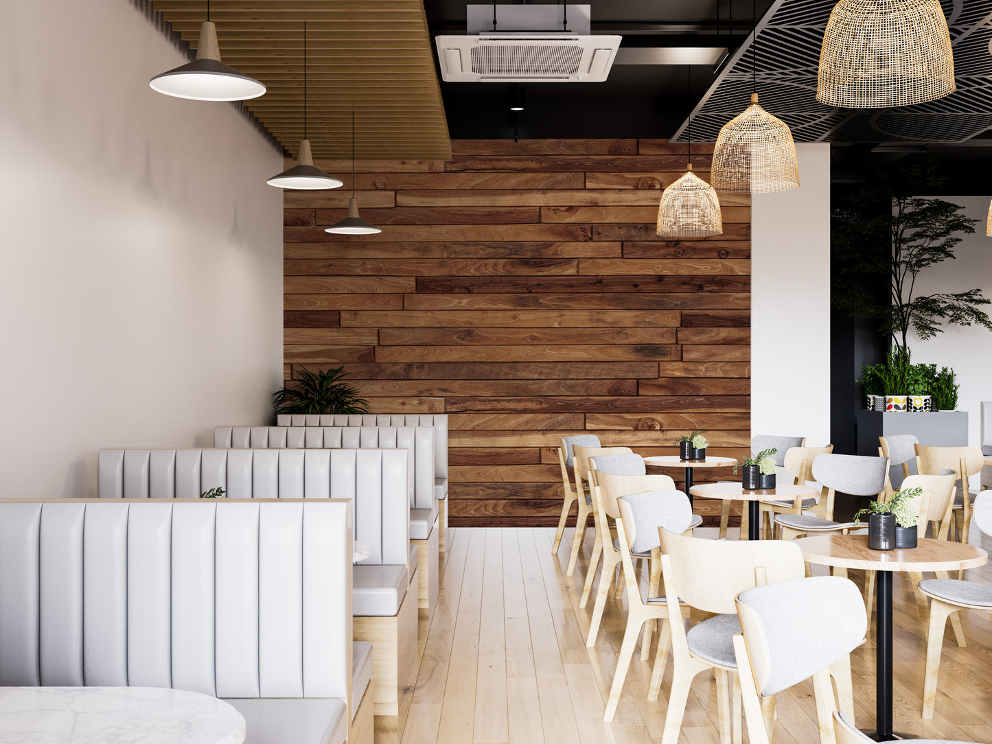 Pine Wood Stipes Interior wallpaper on a feature wall in a cafe with white booths and wooden dining tables