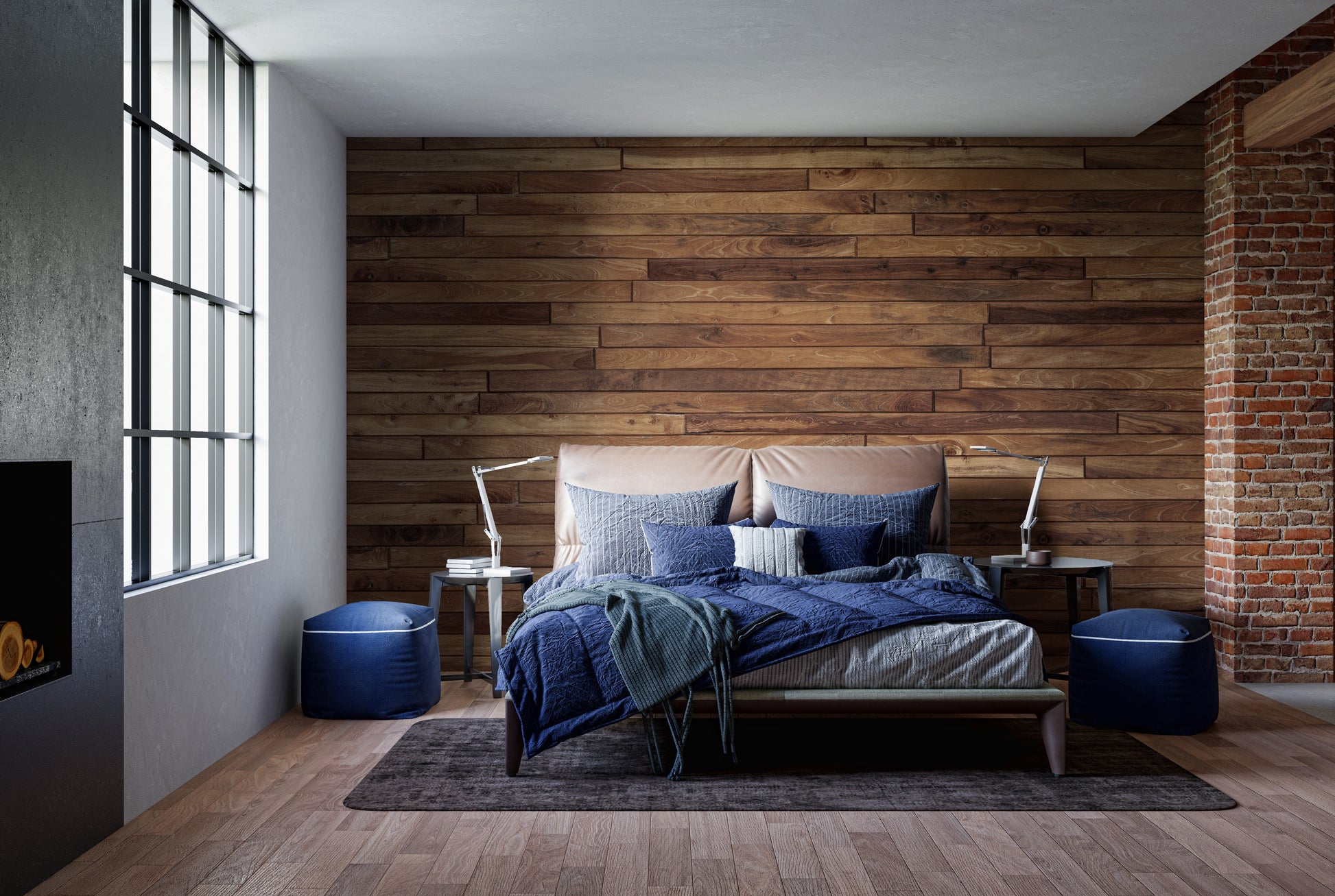 Pine Wood Stipes Interior wallpaper above a bed with blue bedding beside a brick wall in a loft bedroom