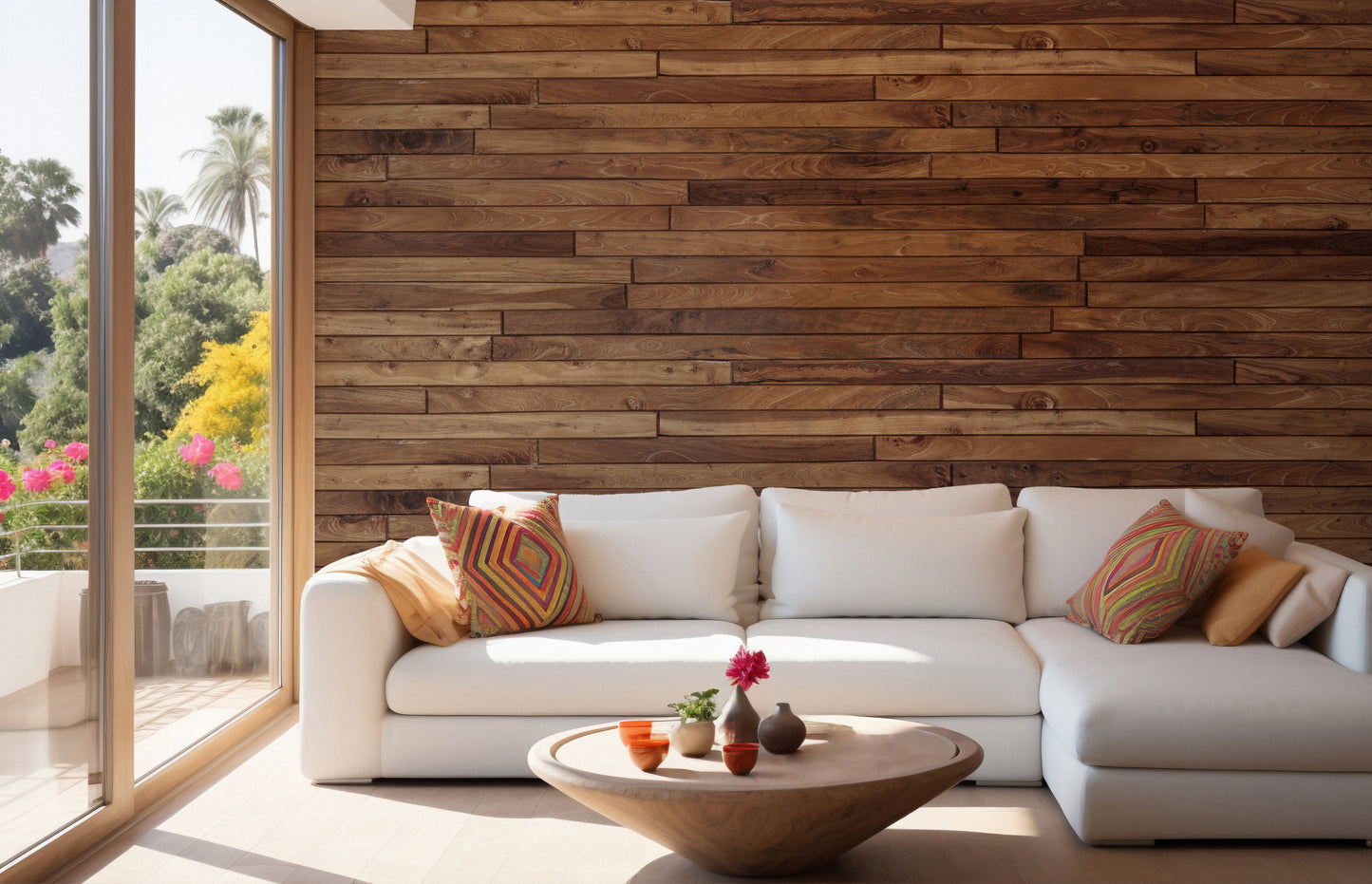 Pine Wood Stipes Interior wallpaper behind a white sectional sofa with colorful pillows in a sunny living room