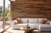Pine Wood Stipes Interior wallpaper behind a white sectional sofa with colorful pillows in a sunny living room