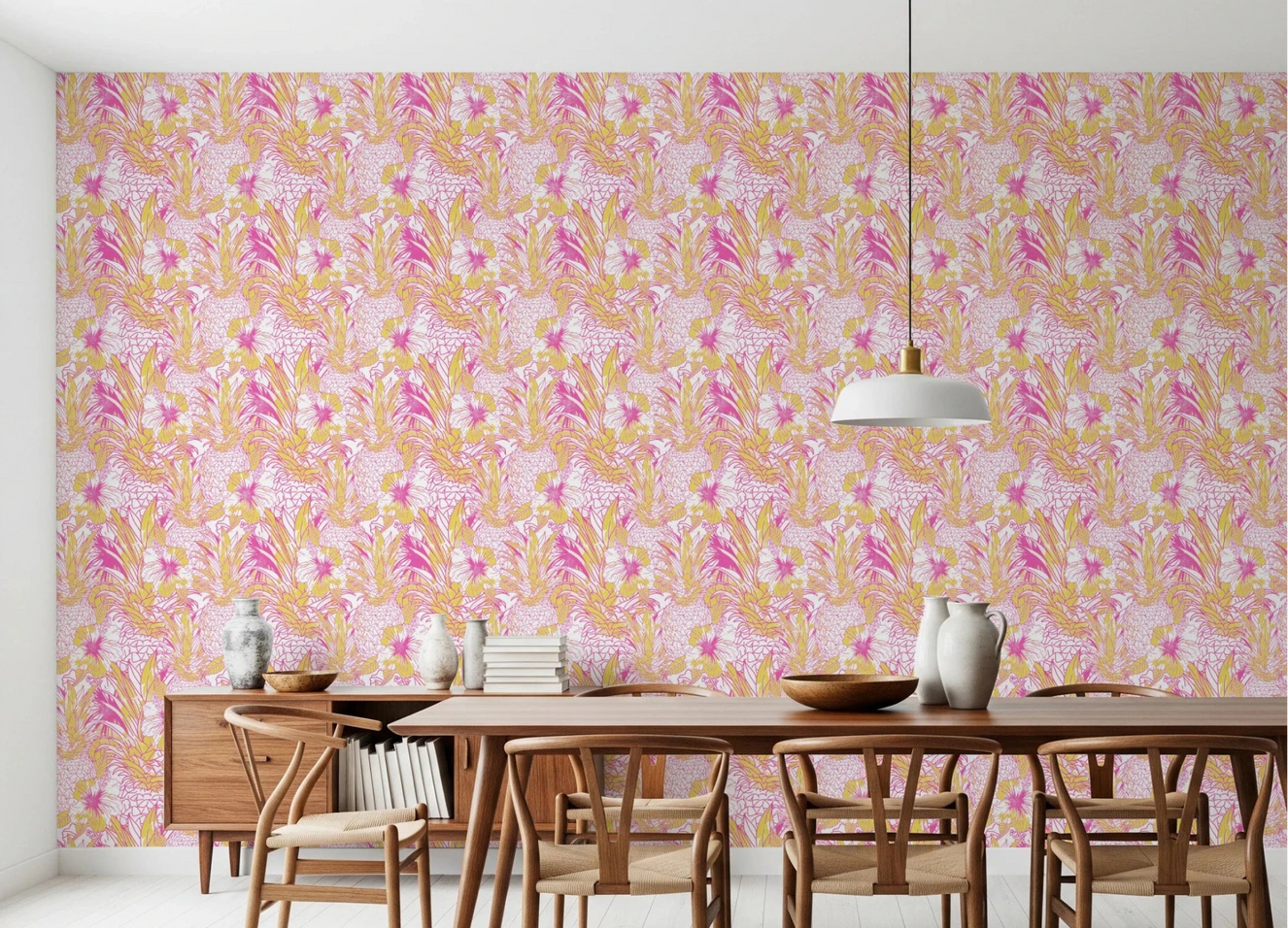 Pink and yellow floral Pineapple Paradise dining room wallpaper pattern.