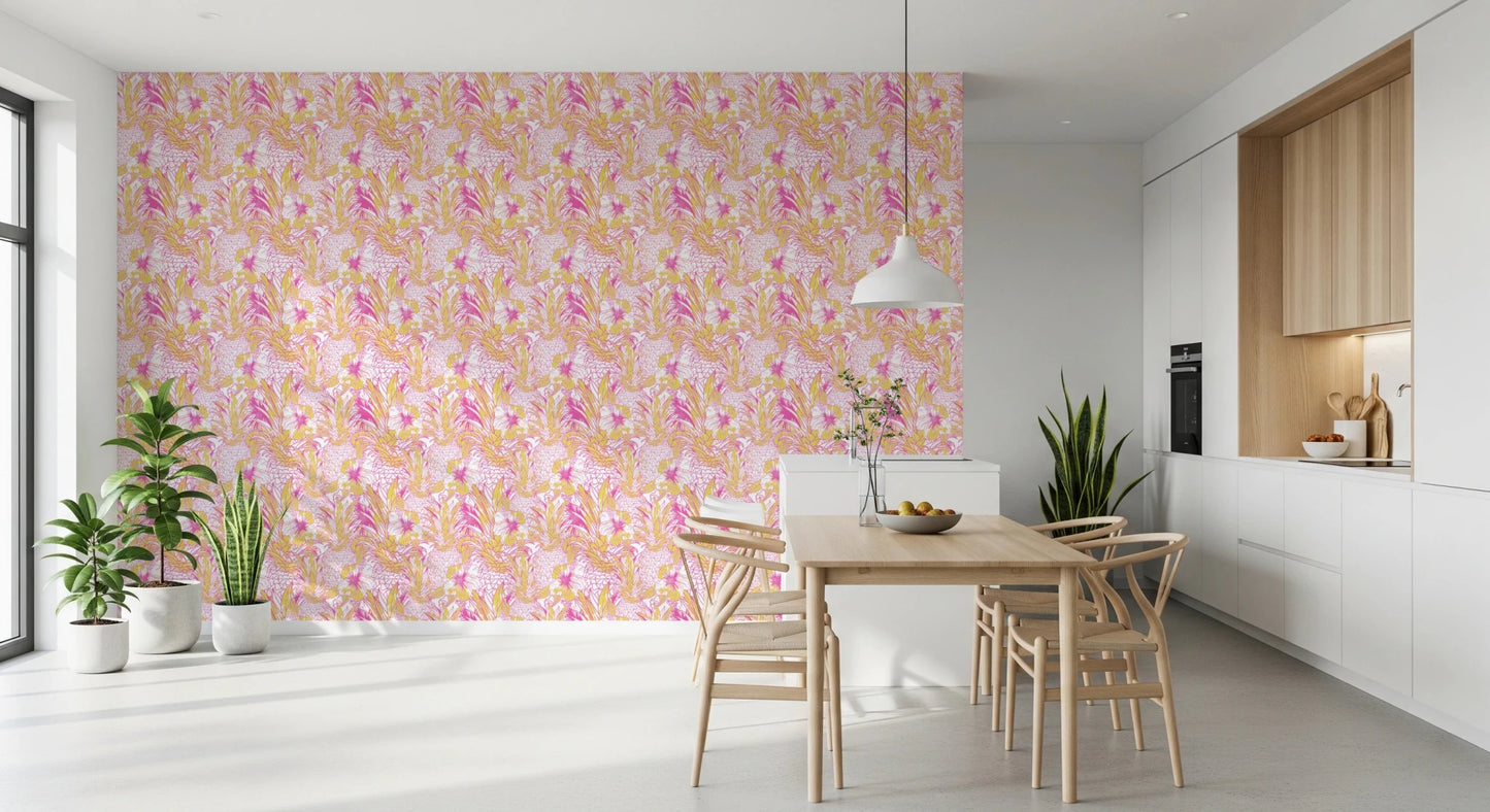 Tropical Hibiscus and kitchen pineapple summer wallpaper design.