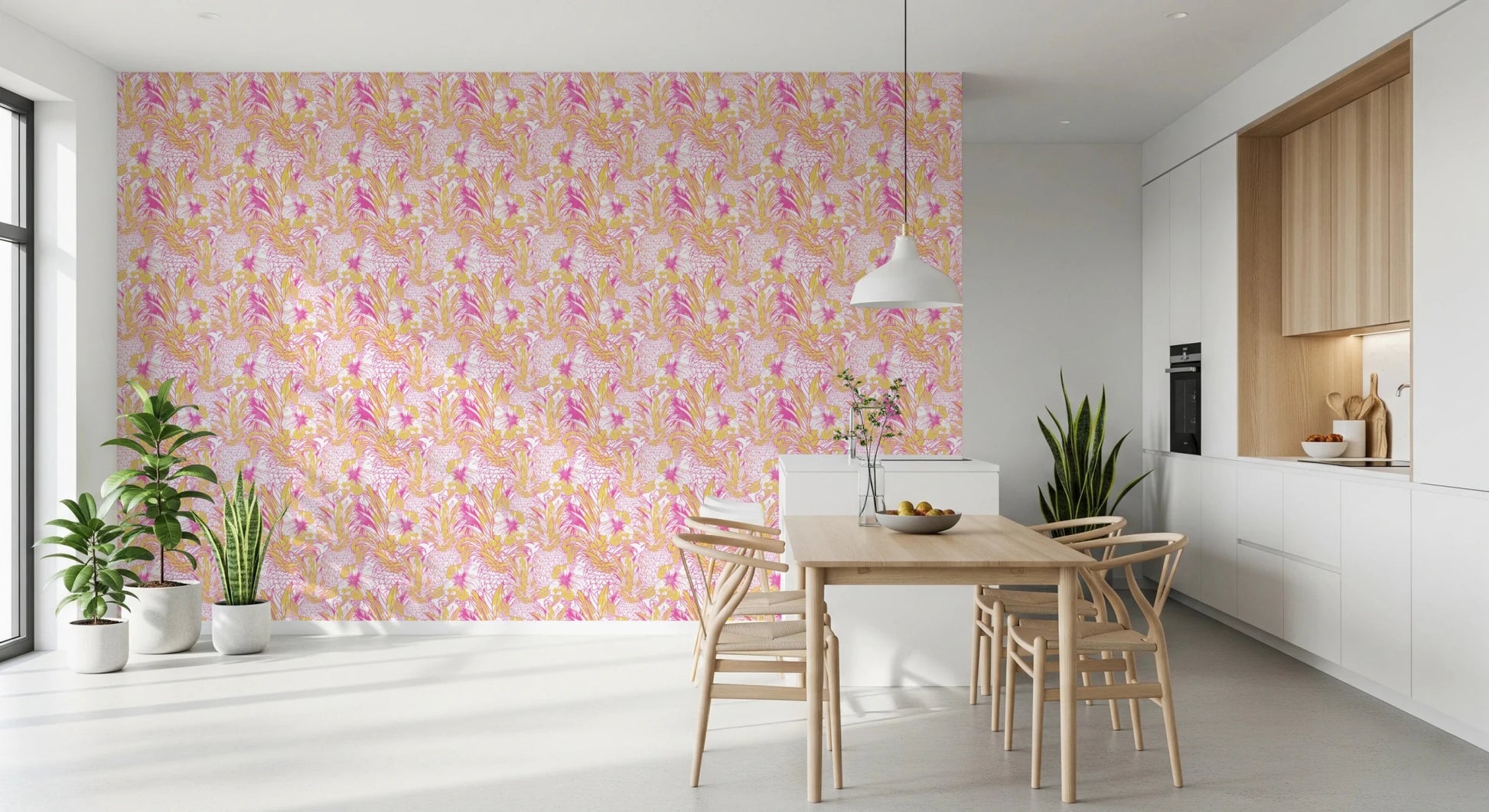 Tropical Hibiscus and kitchen pineapple summer wallpaper design.