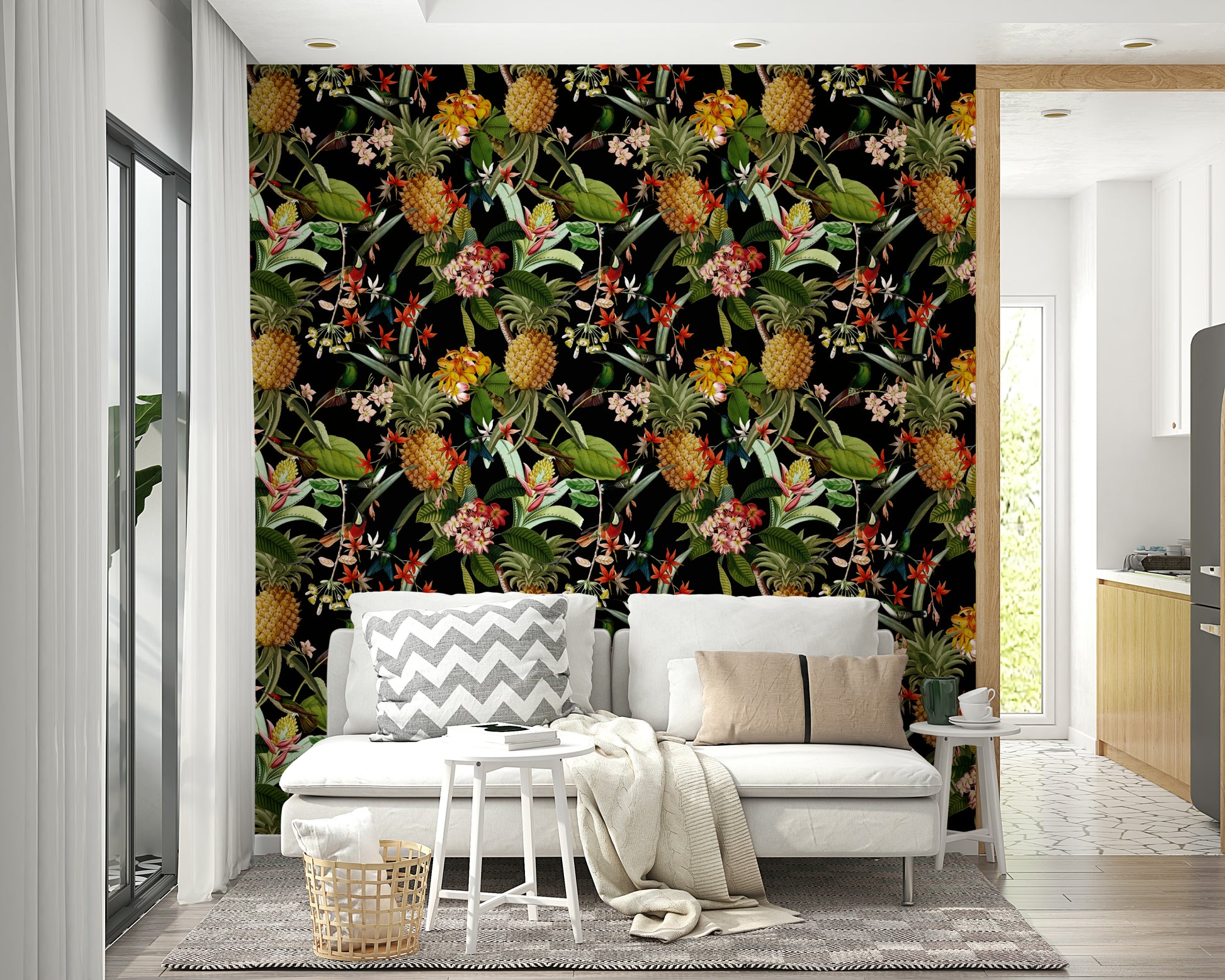 Tropical wallpaper with bright pineapples and rich green foliage.

