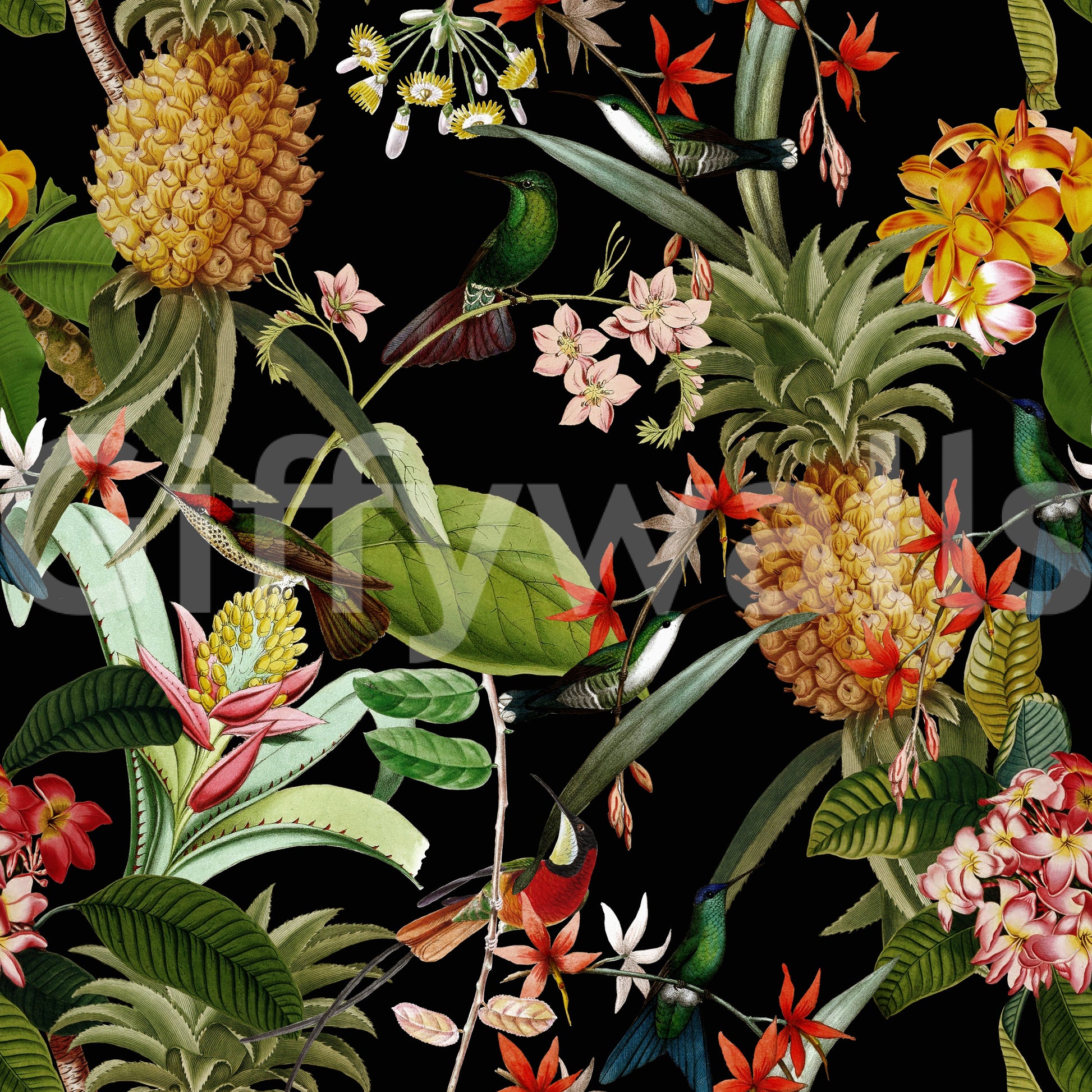 Exotic pineapple mural wallpaper with lush tropical plants and fruit.


