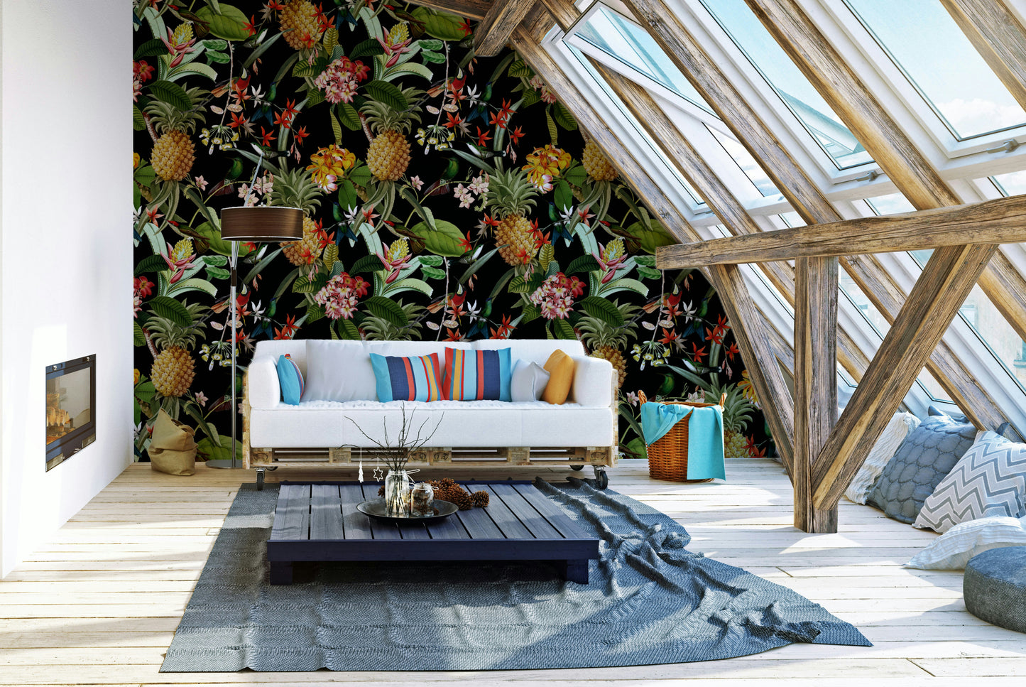 Bold tropical wallpaper with detailed pineapples and vibrant plants.

