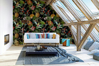 Bold tropical wallpaper with detailed pineapples and vibrant plants.


