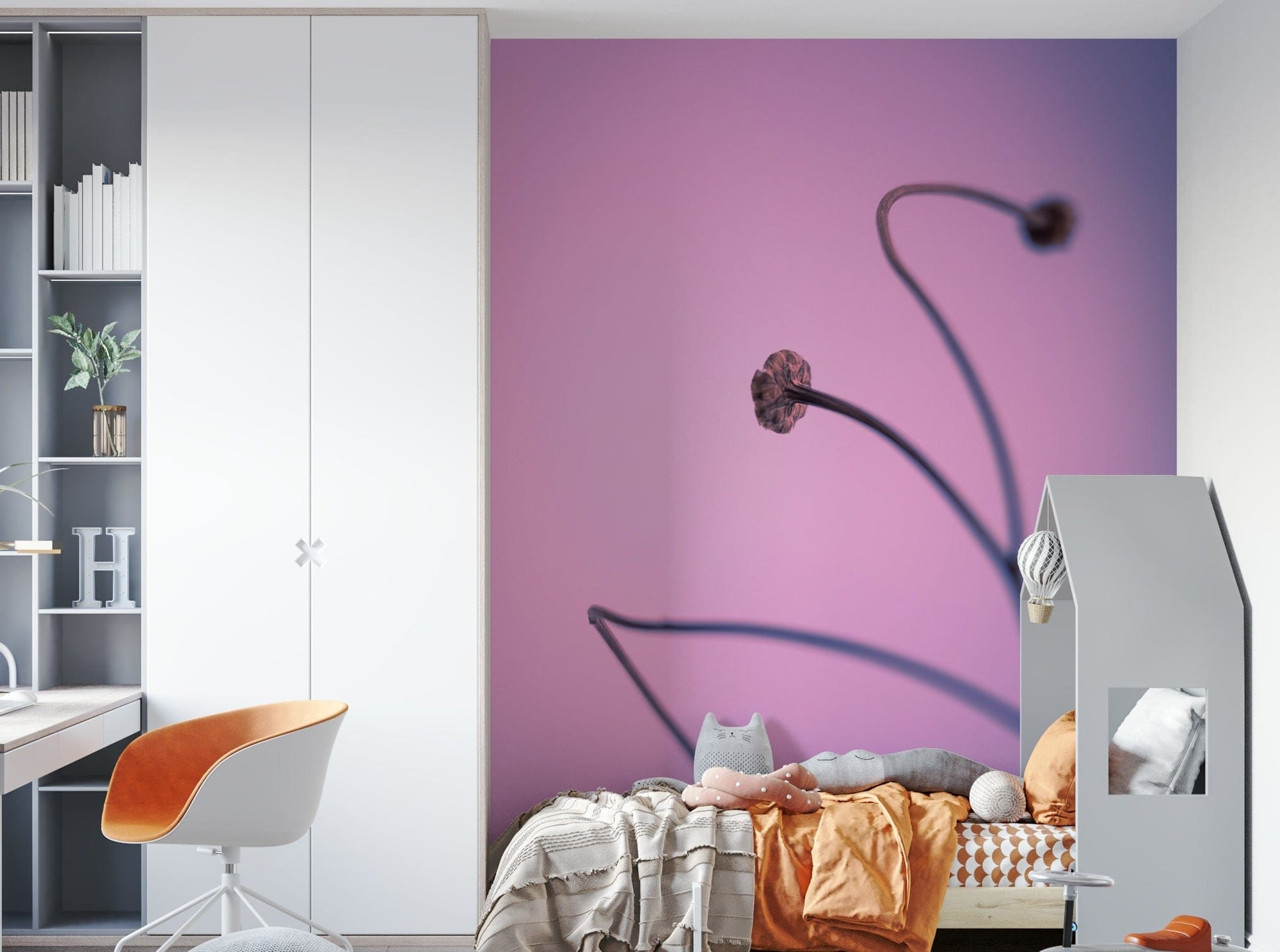 A contemporary living room with a large abstract botanical wall mural.

