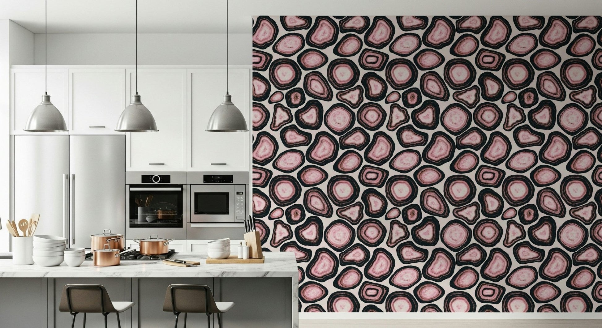 Organic agate shapes in soft pink tones forming a gemstone-inspired wallpaper design.