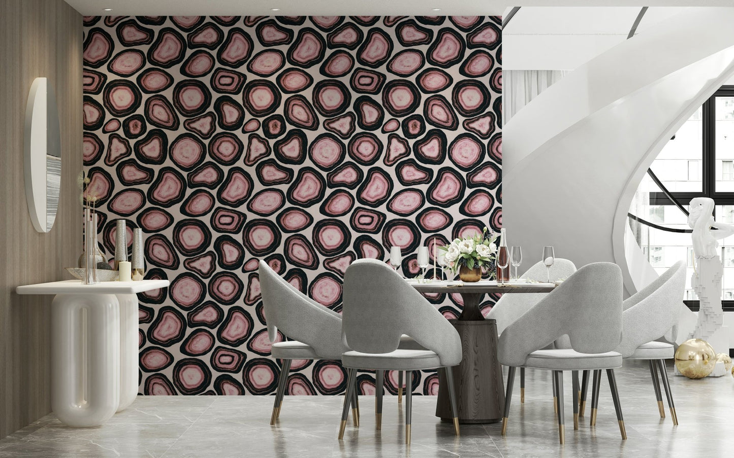 A gemstone wallpaper showcasing swirling pink agate slices with textured layers.
