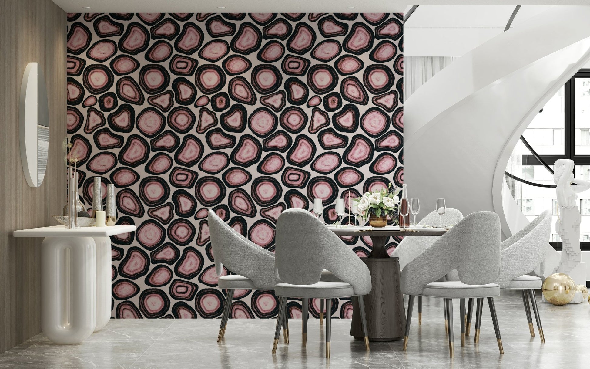 A gemstone wallpaper showcasing swirling pink agate slices with textured layers.