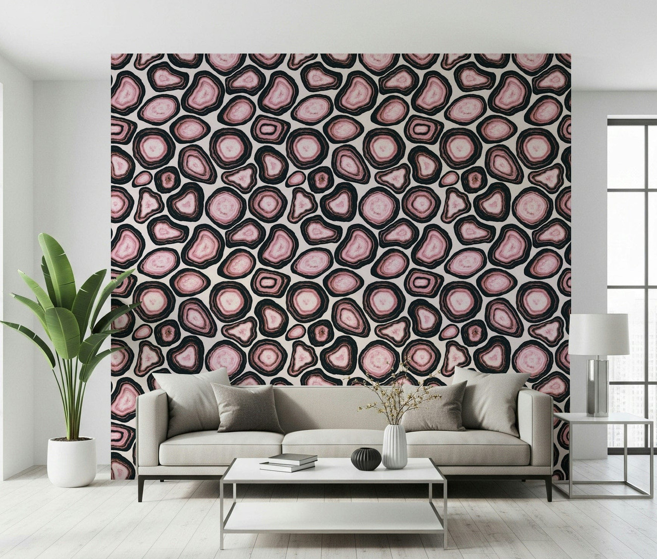 A pink agate wallpaper featuring layered stone-like patterns with rich mineral textures.