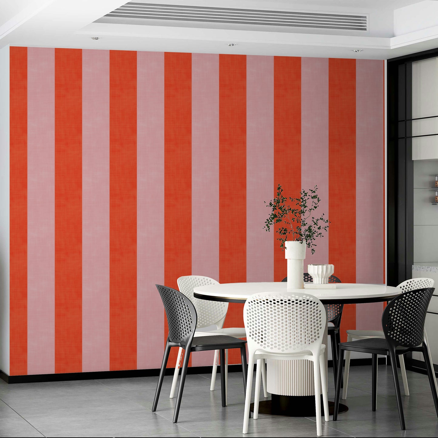 Pink and Red Stripes Linen Texture wallpaper in a dining room with a white round table and perforated chairs