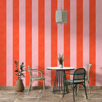 Pink and Red Stripes Linen Texture wallpaper in a dining nook with a round table, rattan chairs and pendant