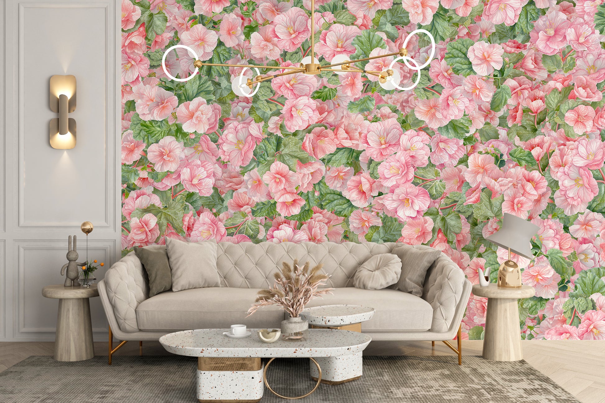 Pink Begonia Flower wallpaper mural behind a beige tufted sofa and terrazzo table in an elegant living room