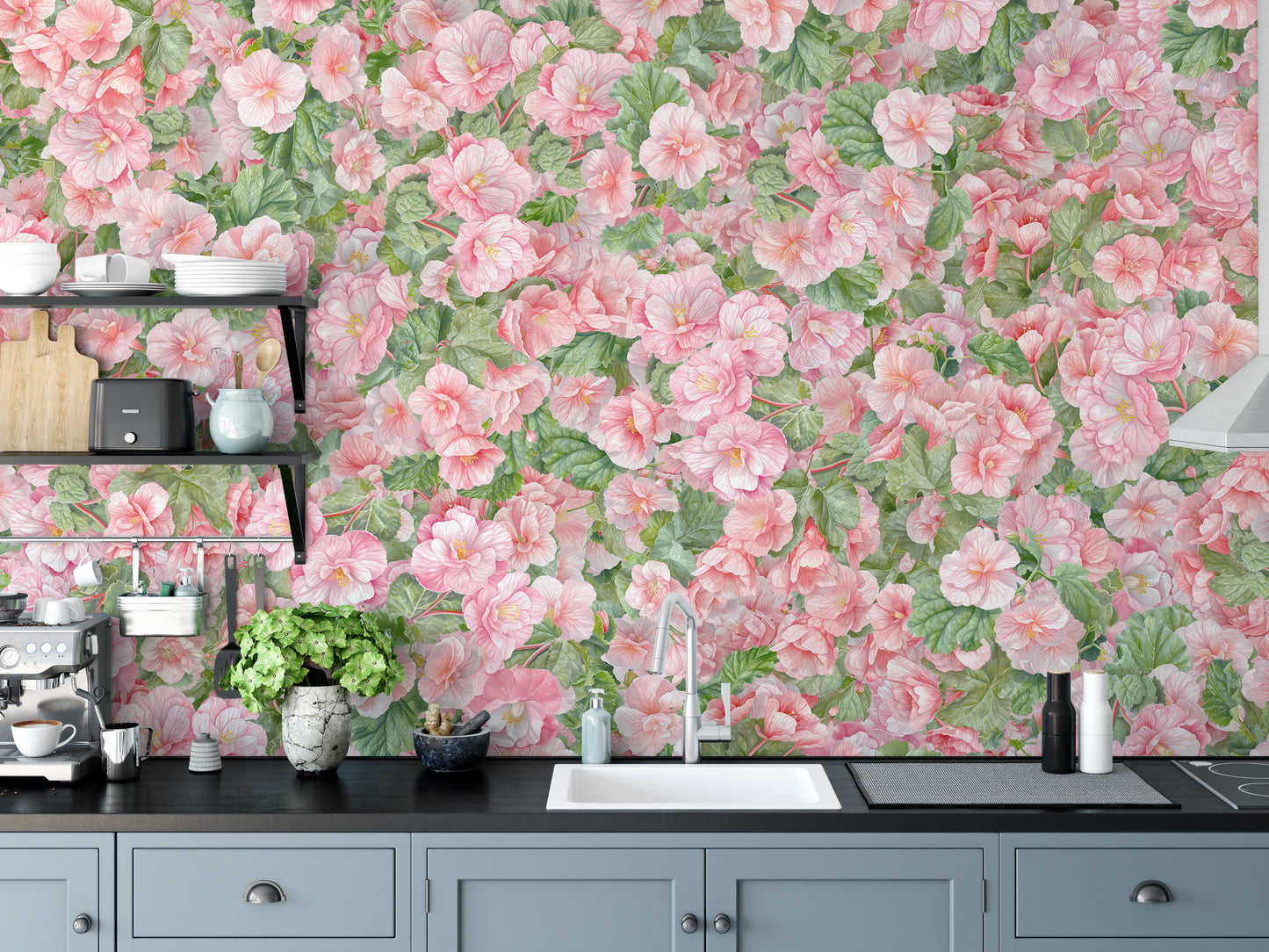 Pink Begonia Flower wallpaper mural above grey kitchen cabinets and a black counter with a coffee machine and plant