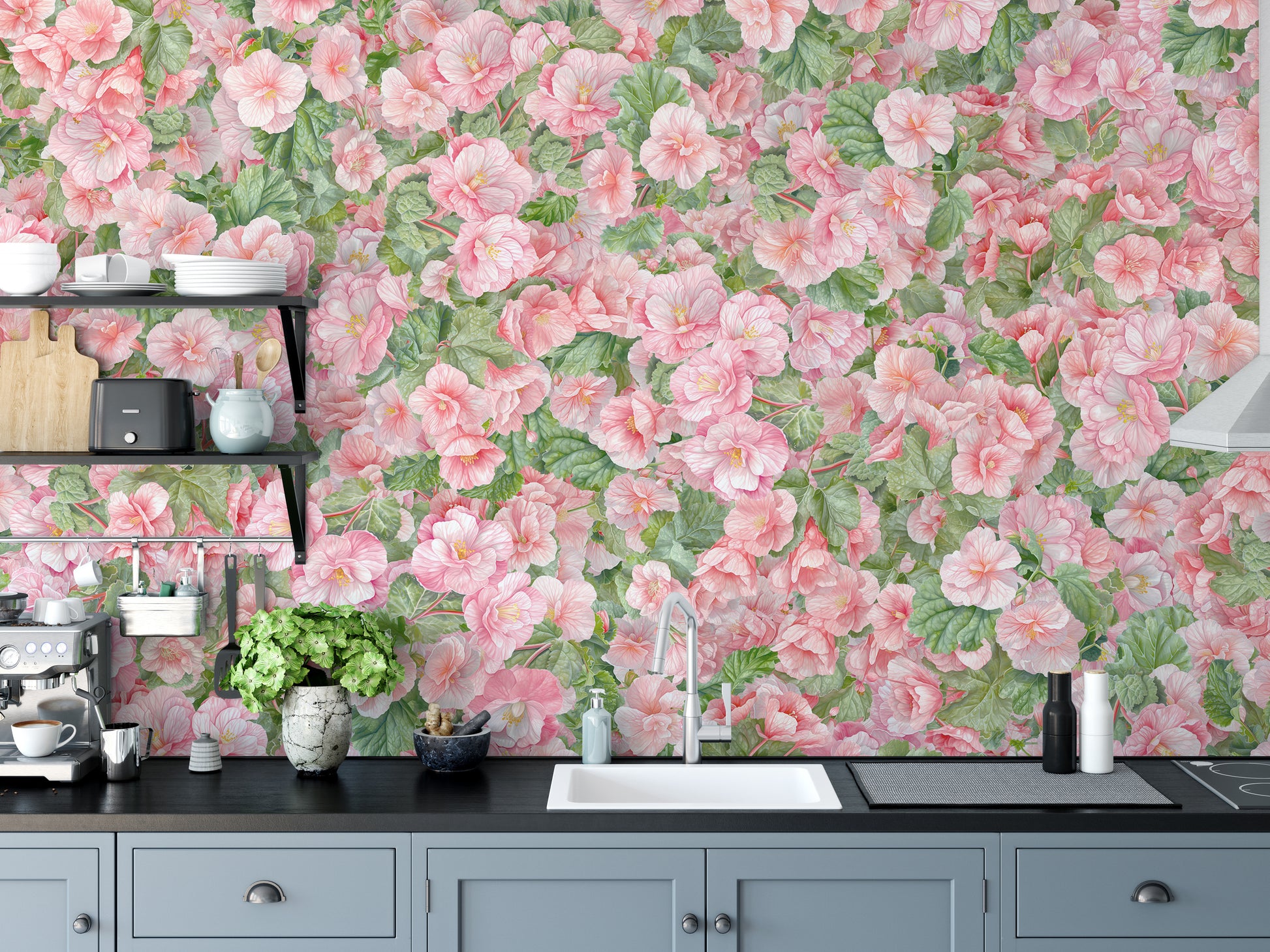 Pink Begonia Flower wallpaper mural above grey kitchen cabinets and a black counter with a coffee machine and plant