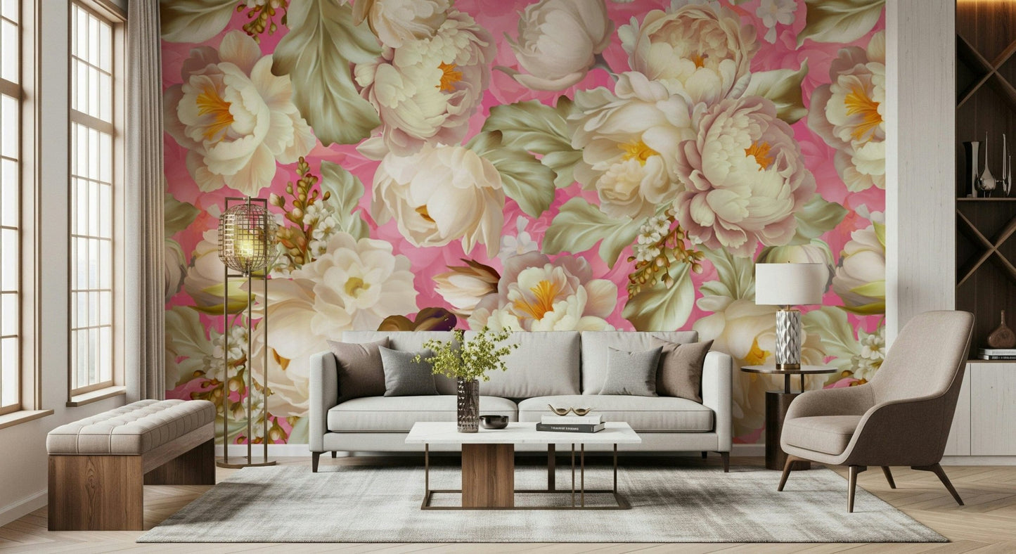 Floral Pink Burst Wallpaper – Eye-catching wall mural with densely arranged pink flowers in dynamic composition.