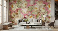Floral Pink Burst Wallpaper – Eye-catching wall mural with densely arranged pink flowers in dynamic composition.