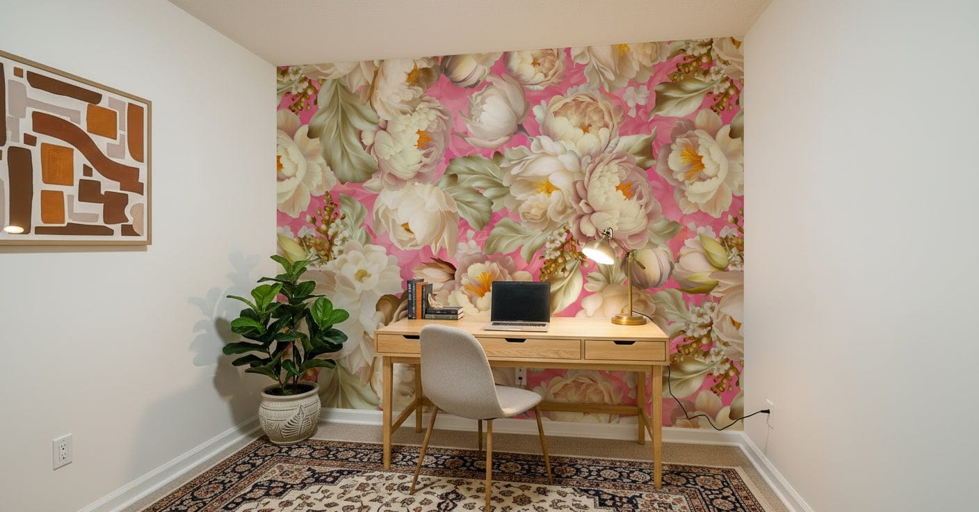 Blushing Blossom Wall Mural – Romantic pink floral design with layered blossoms creating depth and movement.