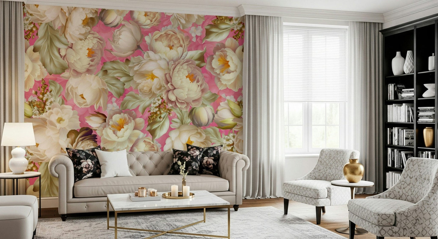 Pink Blossom Burst Wallpaper Wall Mural – Vibrant mural of blooming pink flowers bursting across a soft background.