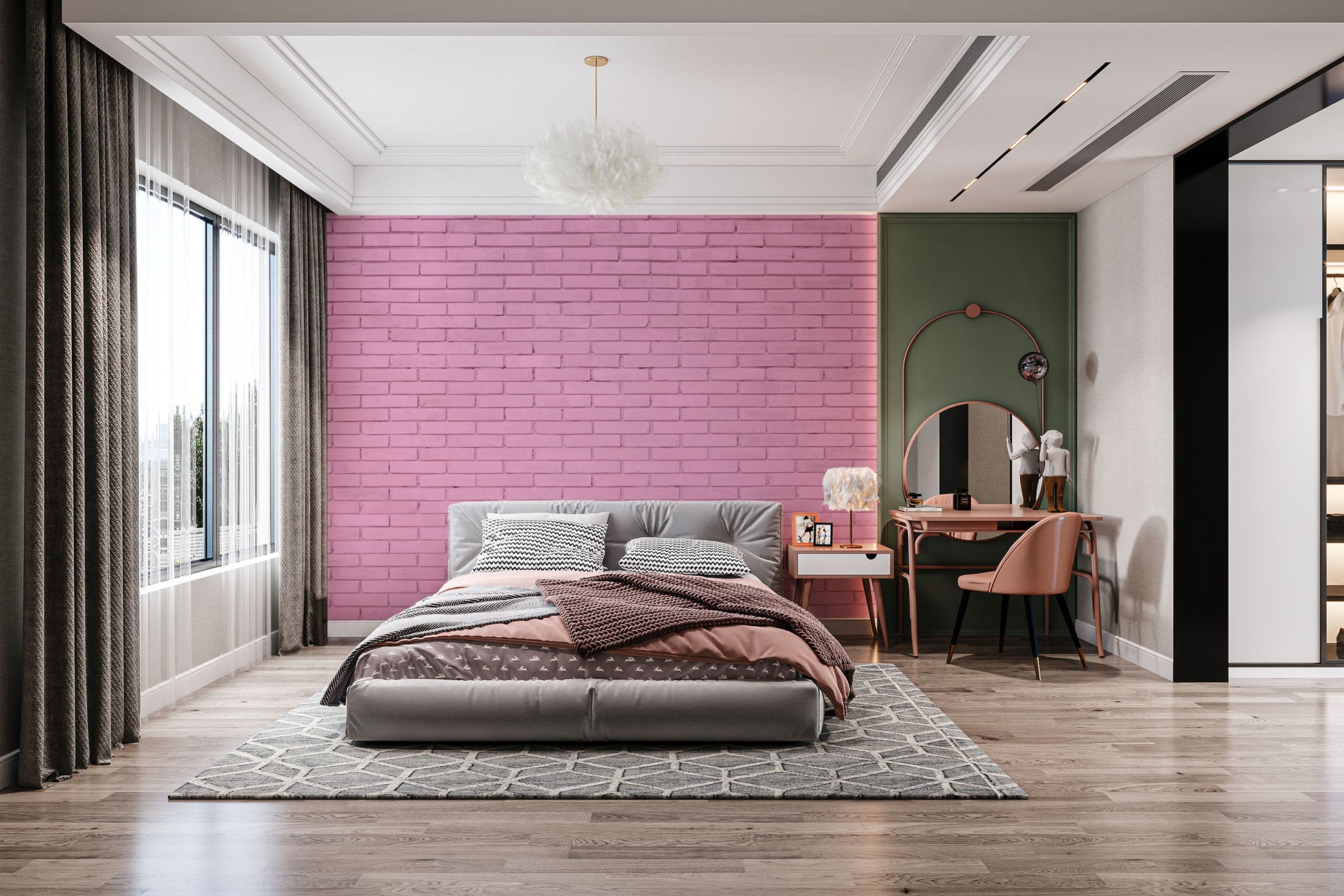 Chic exposed brick wallpaper in a light pink hue.